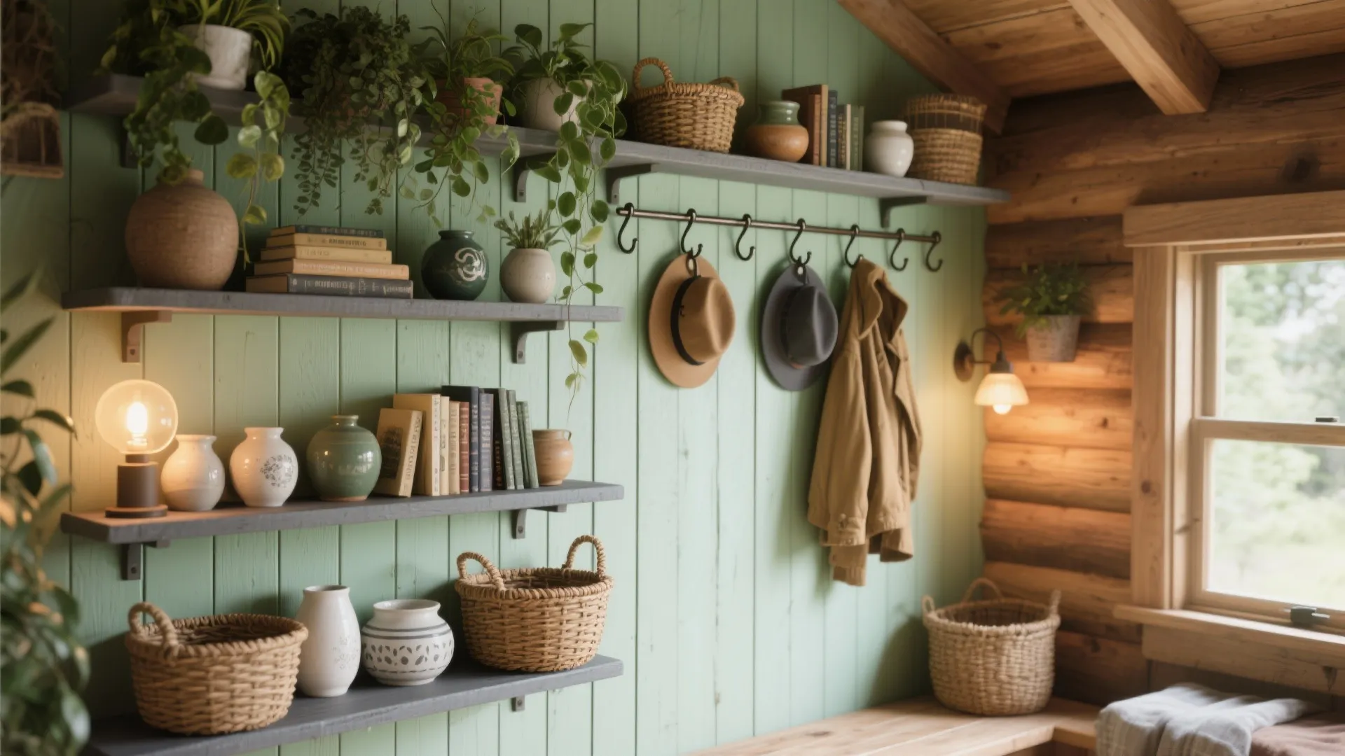 2. Vertical layers: shelving, hooks, and hanging plants