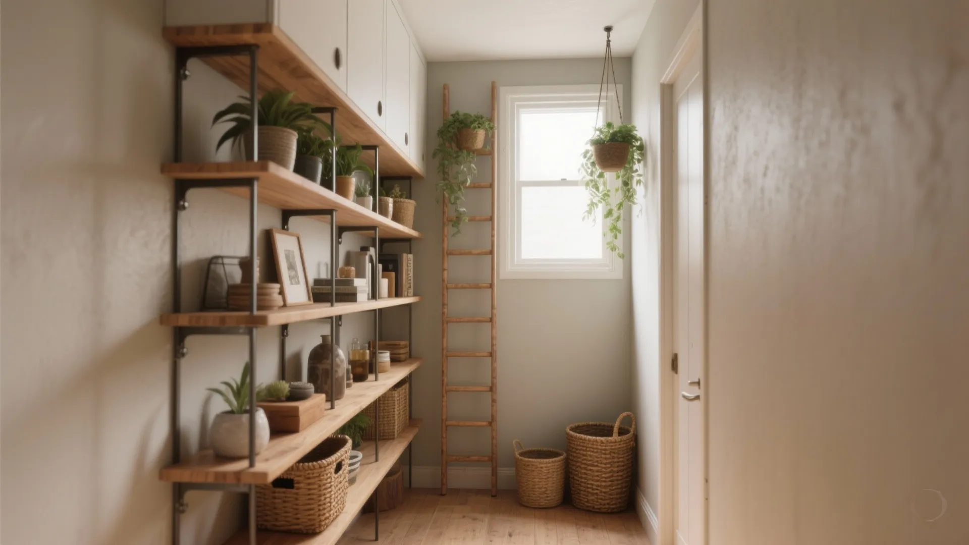 Narrow hallway featuring wooden wall shelves with plants books baskets and a tall wooden ladder