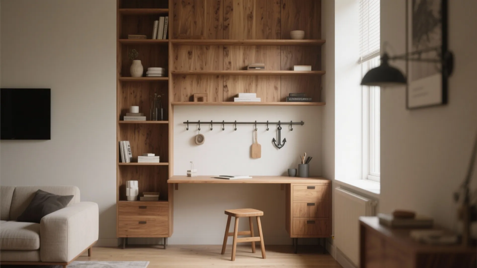 Minimalist living room with wooden bookshelves integrated desk small stool sofa and natural window light