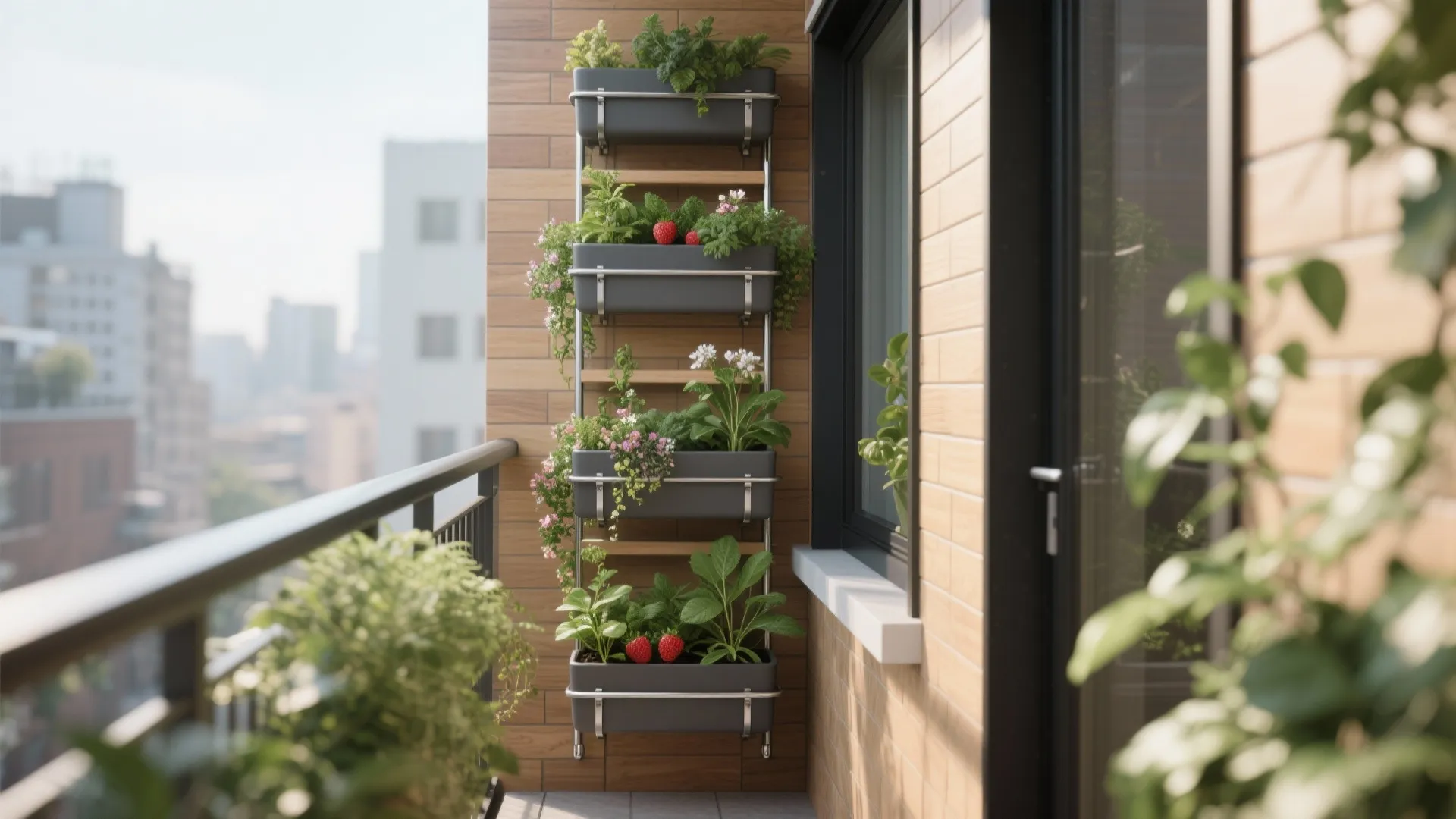 Vertical layers with slim planters and rail-hugging greens