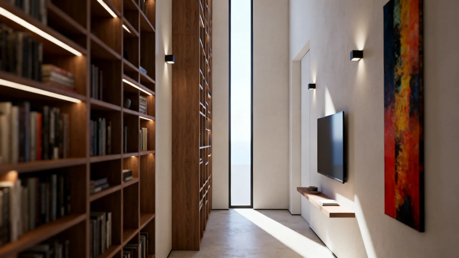 Narrow floor-to-ceiling bookcase, floating shelf and vertical artwork that make a small room feel taller.