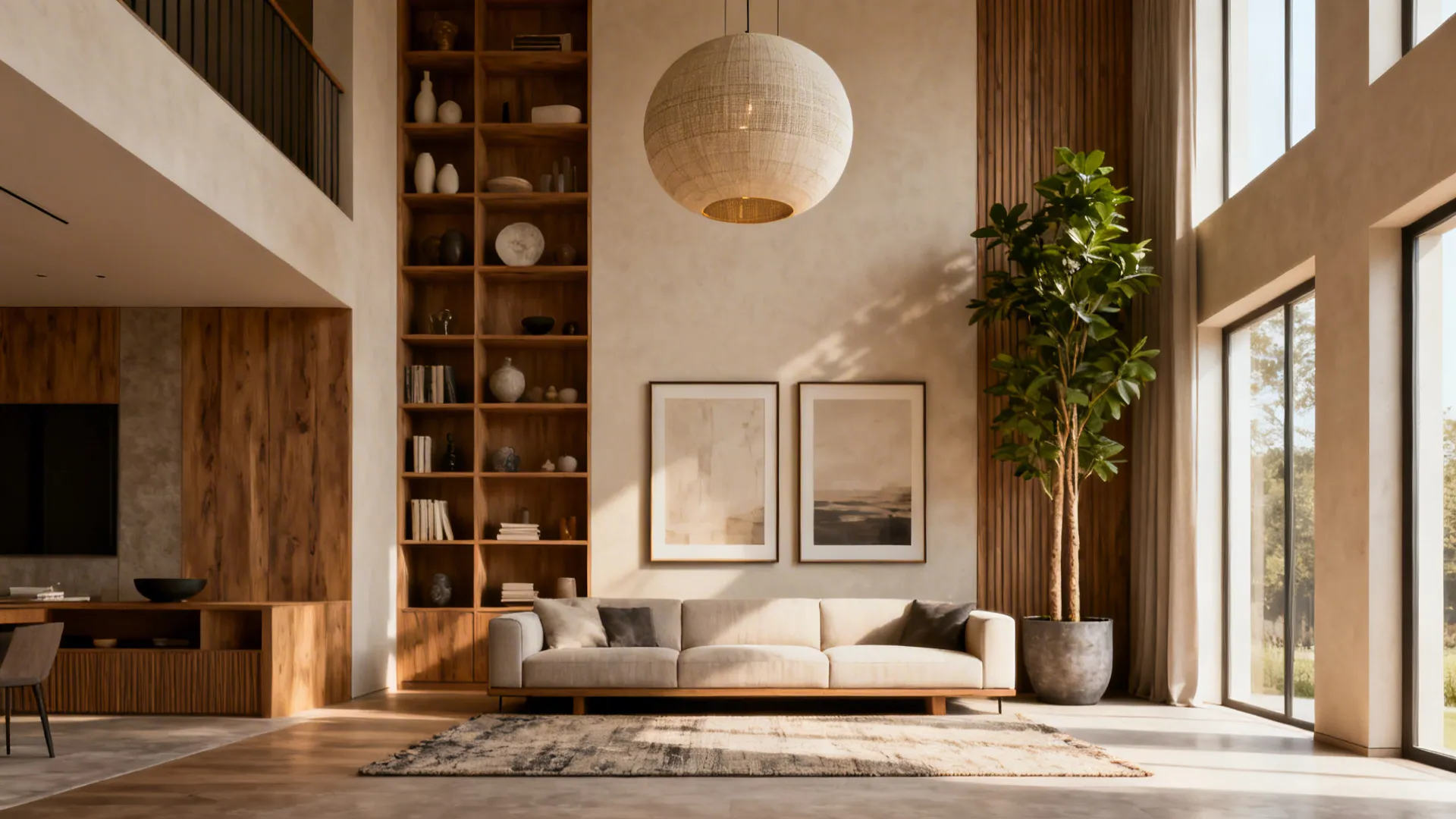 High ceiling living room with large round ceiling light sofa rug tall plant and shelves