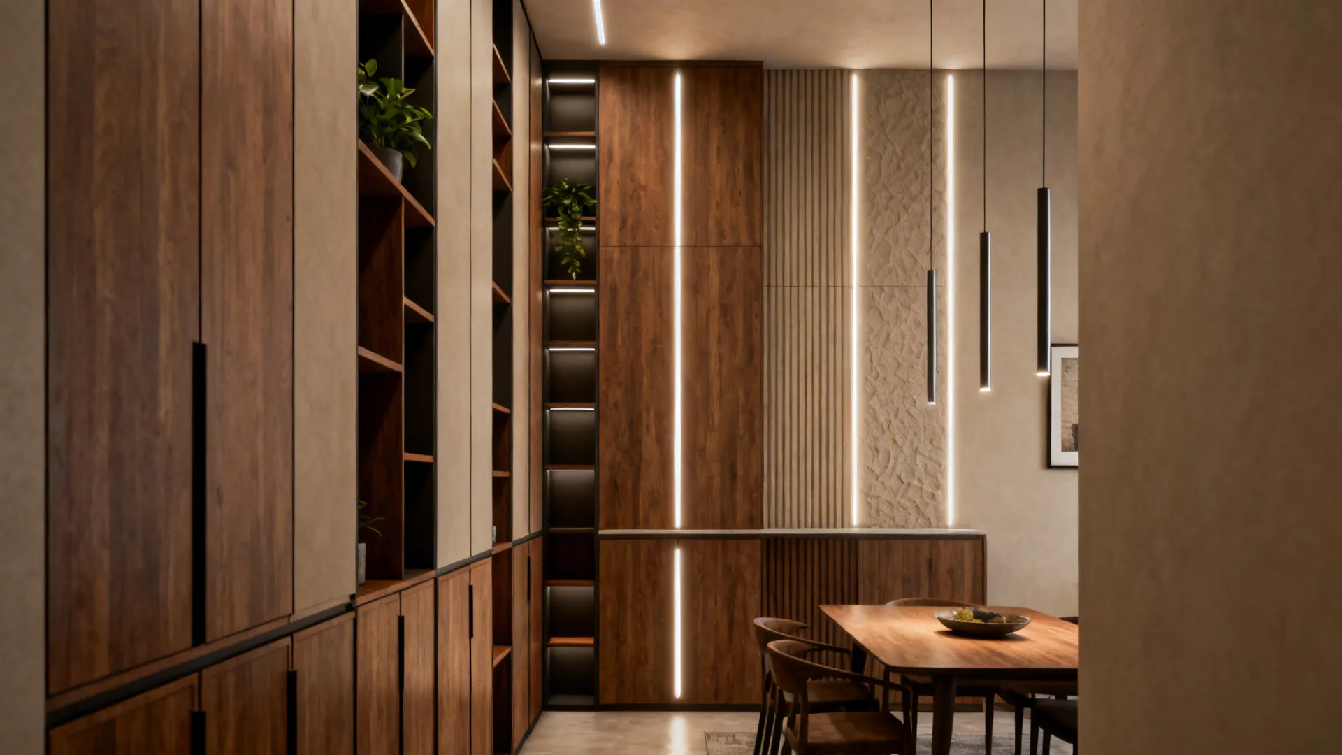 Narrow living nook with floor-to-ceiling shelving and vertical lighting enhancing height