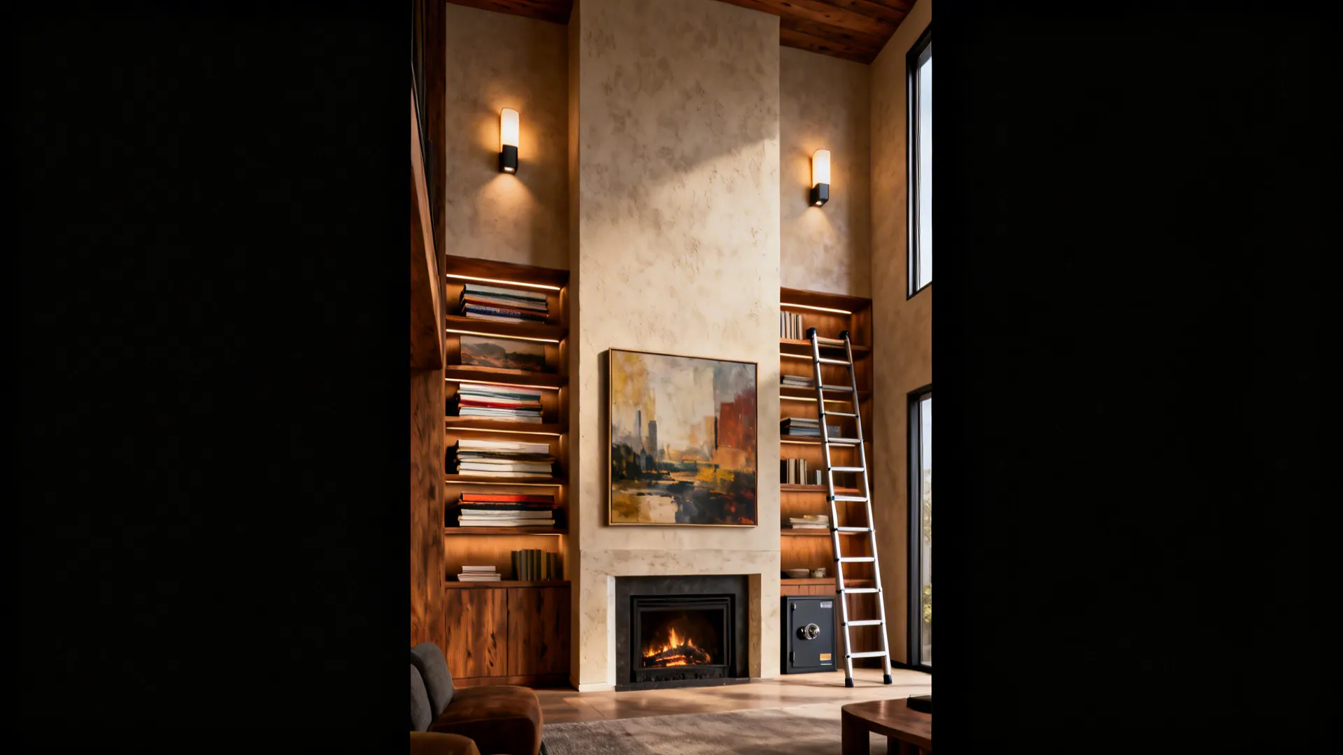 Tall living room wall with stacked artwork, built-ins, and fireplace as anchor