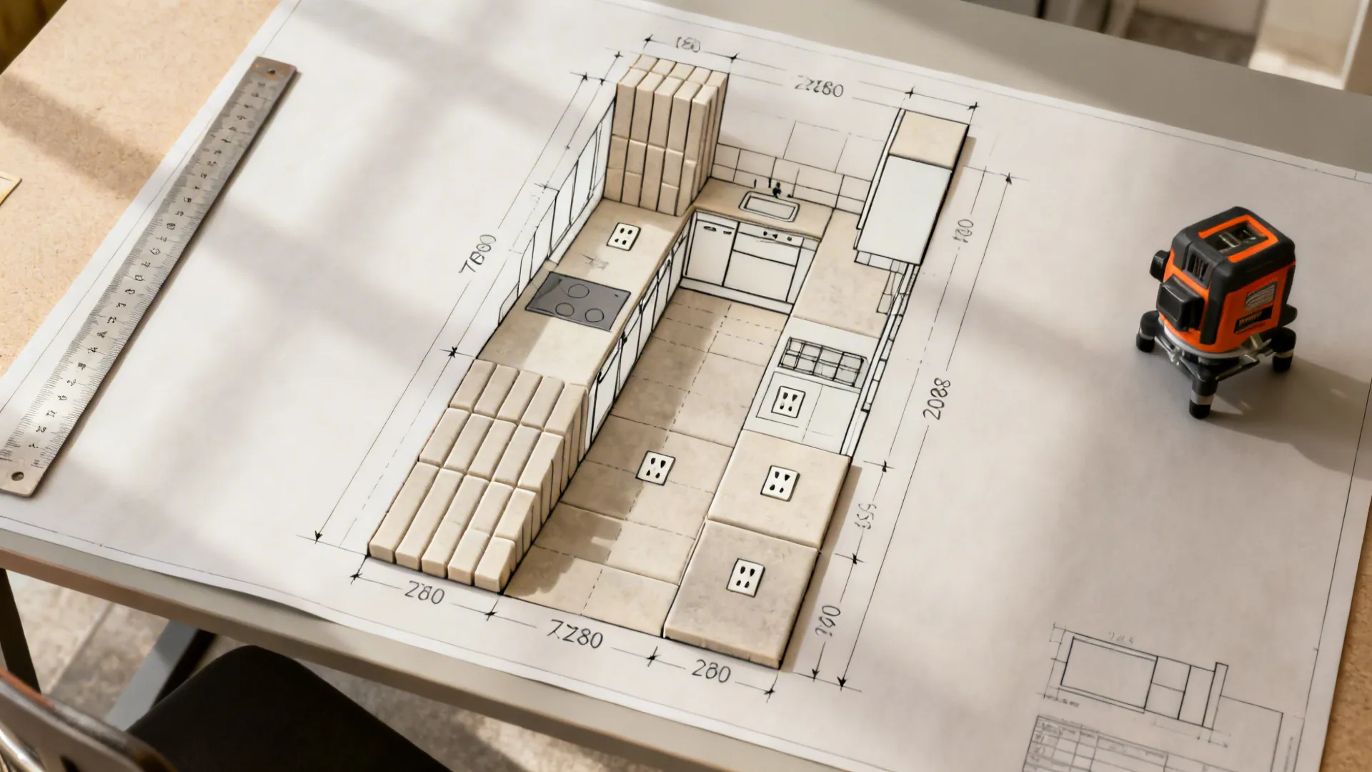 Kitchen interior design drawing on a table with a ruler and a small laser level