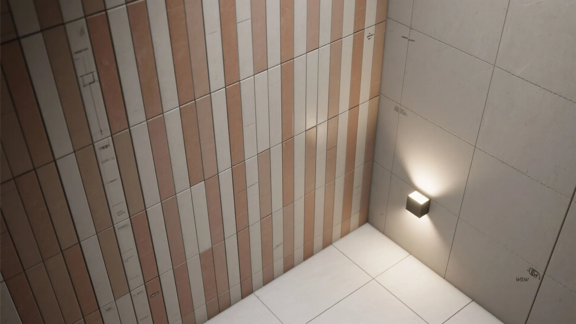 Interior wall featuring a vertical pattern of brown and white tiles with a wall light