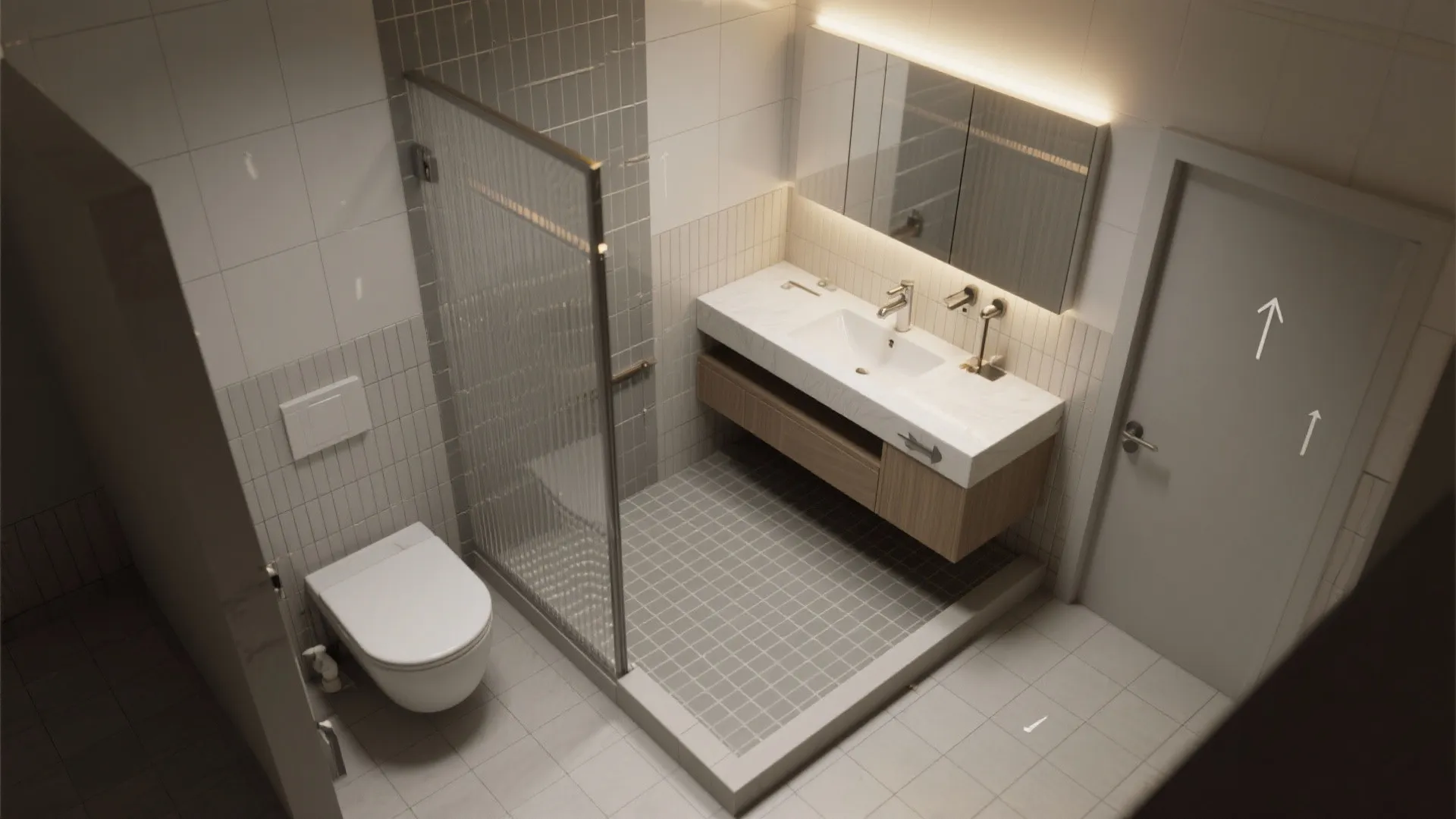 Top-down view highlighting vertical tile stack alignment and clean trim termination in a compact bathroom.