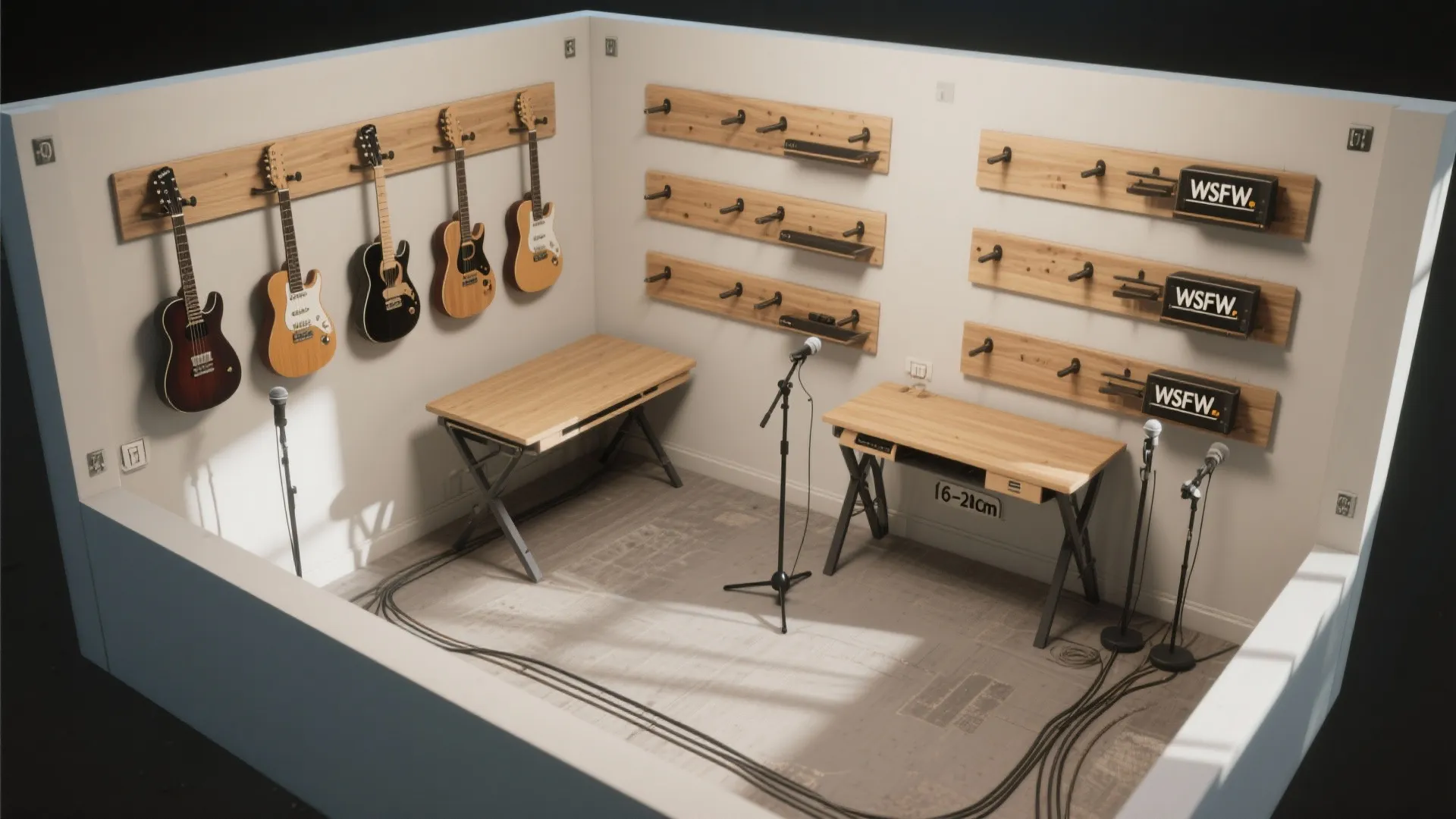 Interior design drawing showing music studio room layout with guitars on wall and wooden desks