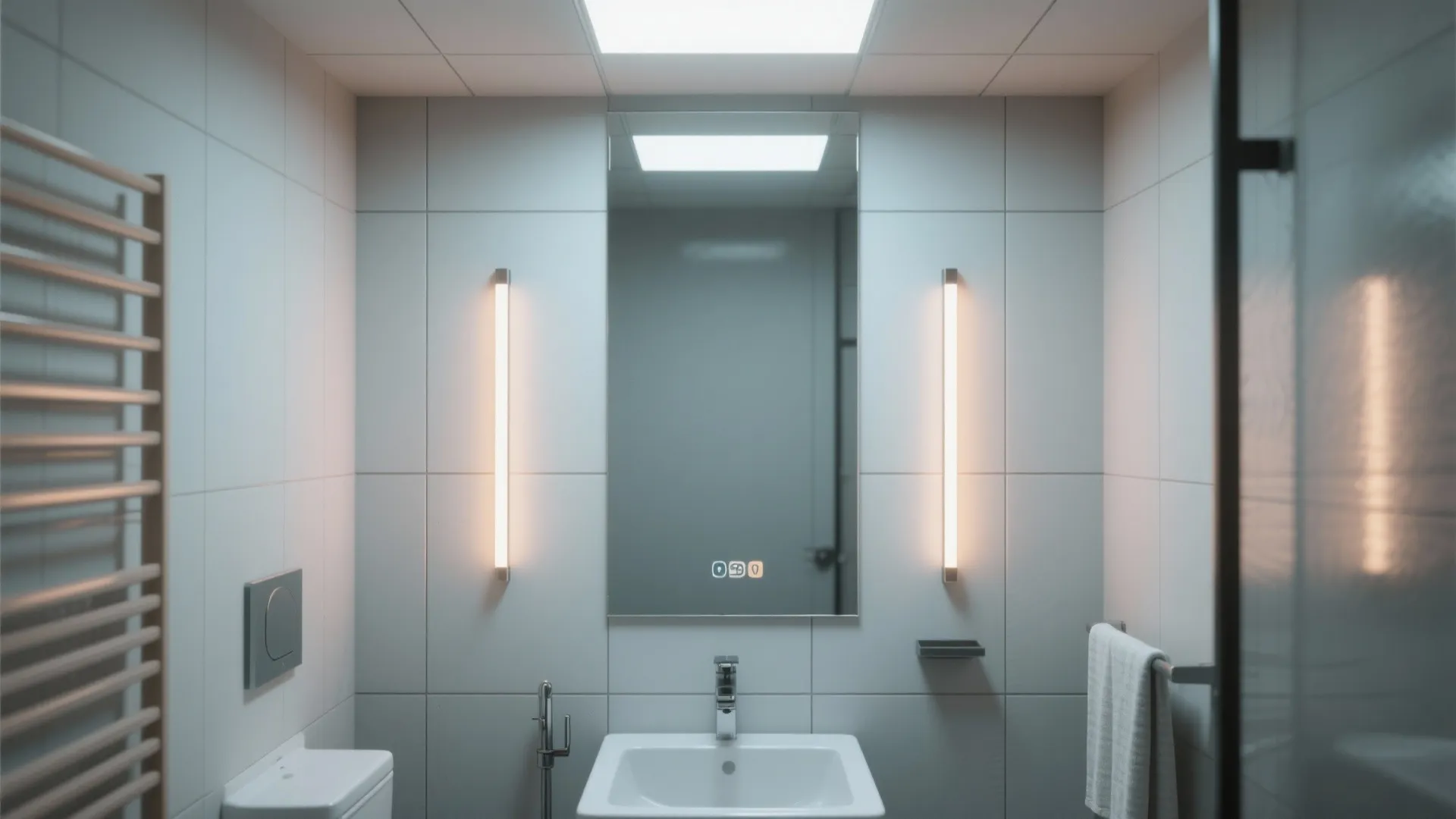 Modern bathroom with white sink and large mirror flanked by two long vertical wall lights