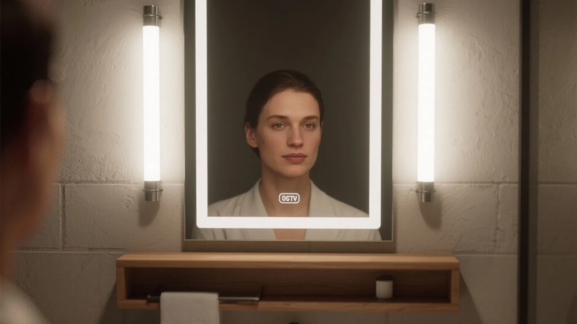 Vertical LED bars flanking a mirror providing even, shadow-free facial lighting.