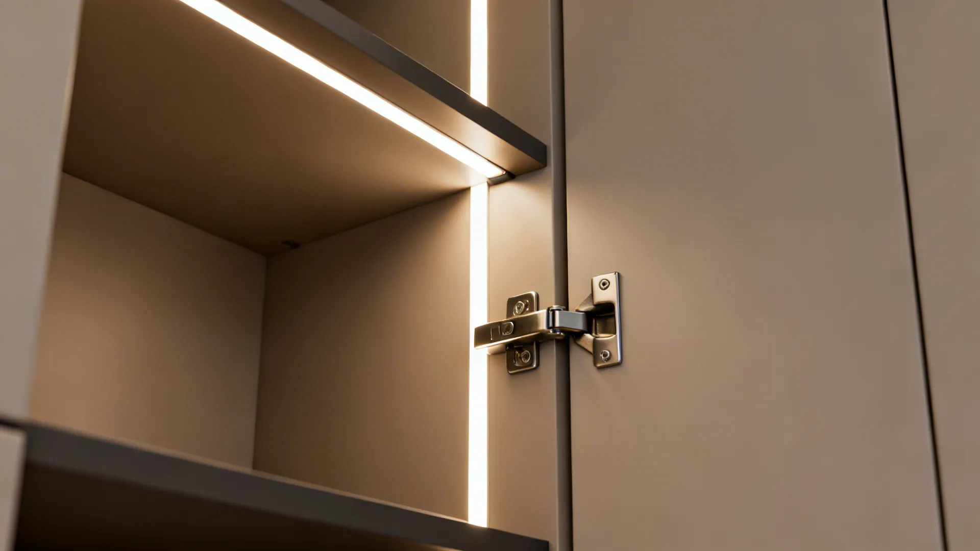 Macro detail of a vertical LED strip and hinge inside a tall kitchen cabinet.