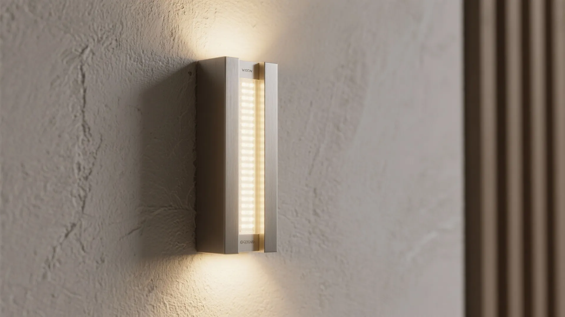 Rectangular metal wall light mounted on grey surface showing warm glow from top and bottom