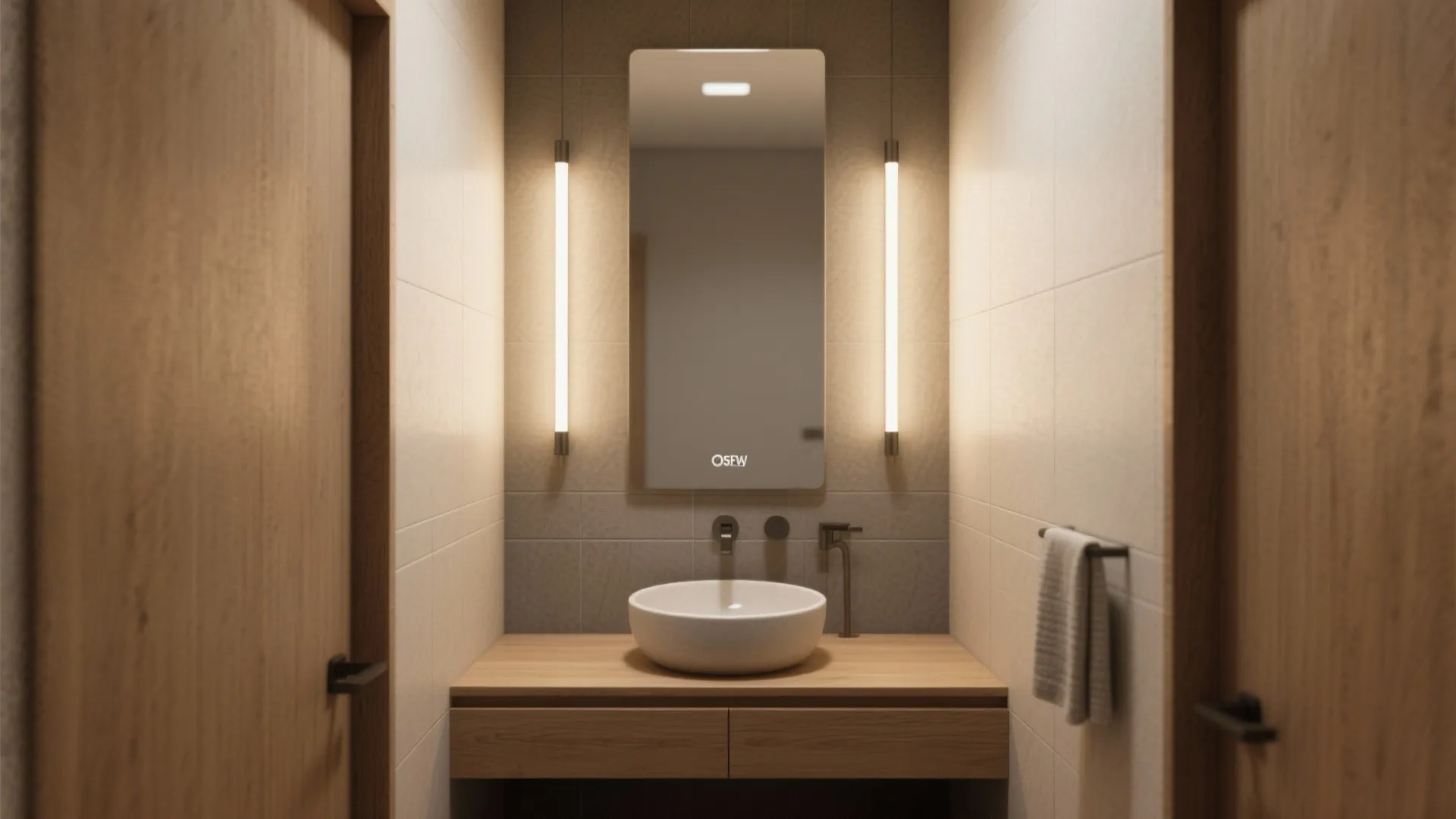 1. Vertical LED Sconces Beside the Mirror