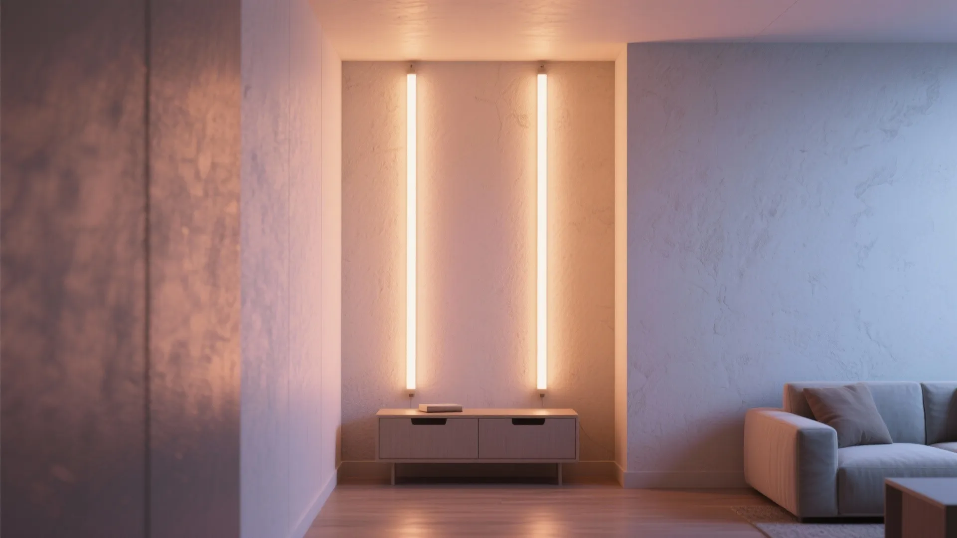 2. Vertical LED wall strips to elongate walls