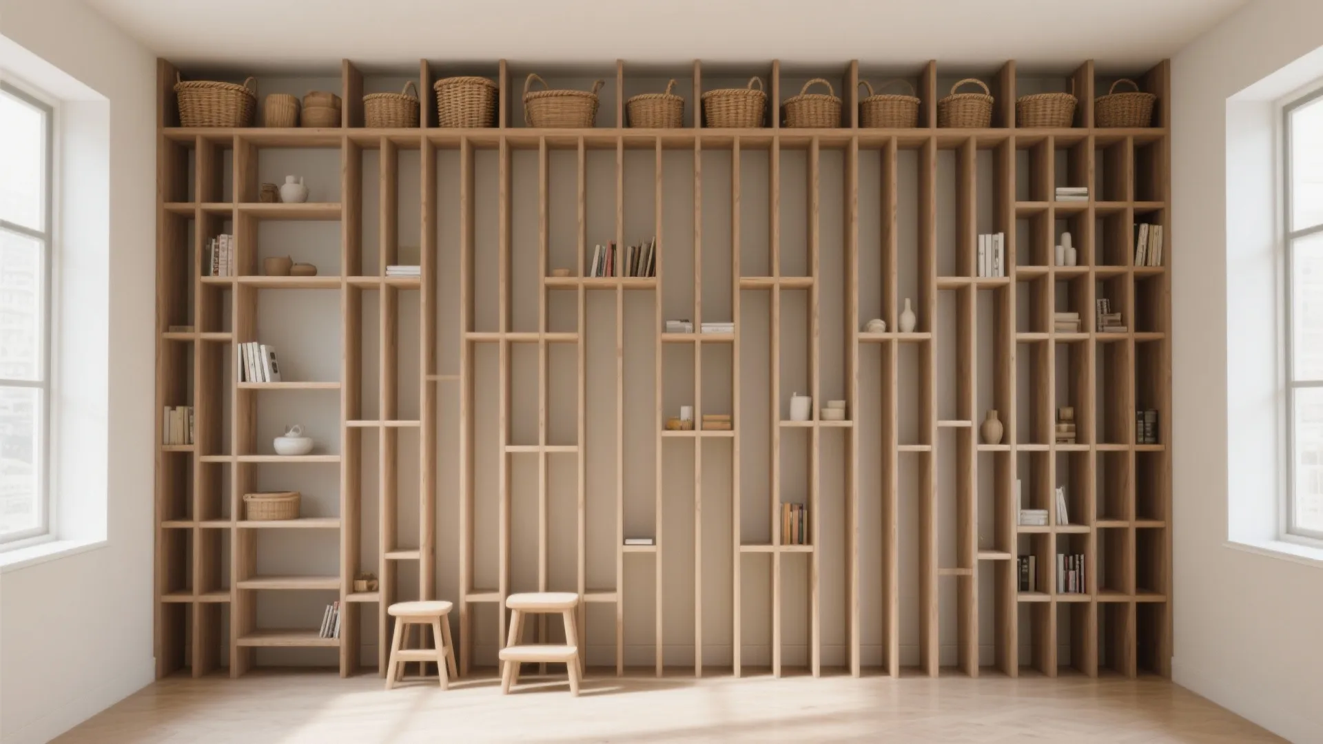 Narrow floor-to-ceiling shelves forming a slim vertical library with a small step stool and styled baskets.