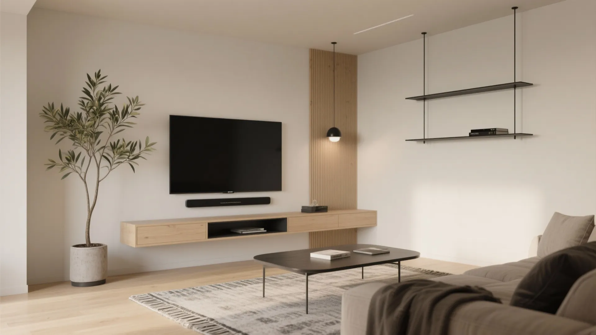 Vertical lines and wall-mounted pieces to lift the room