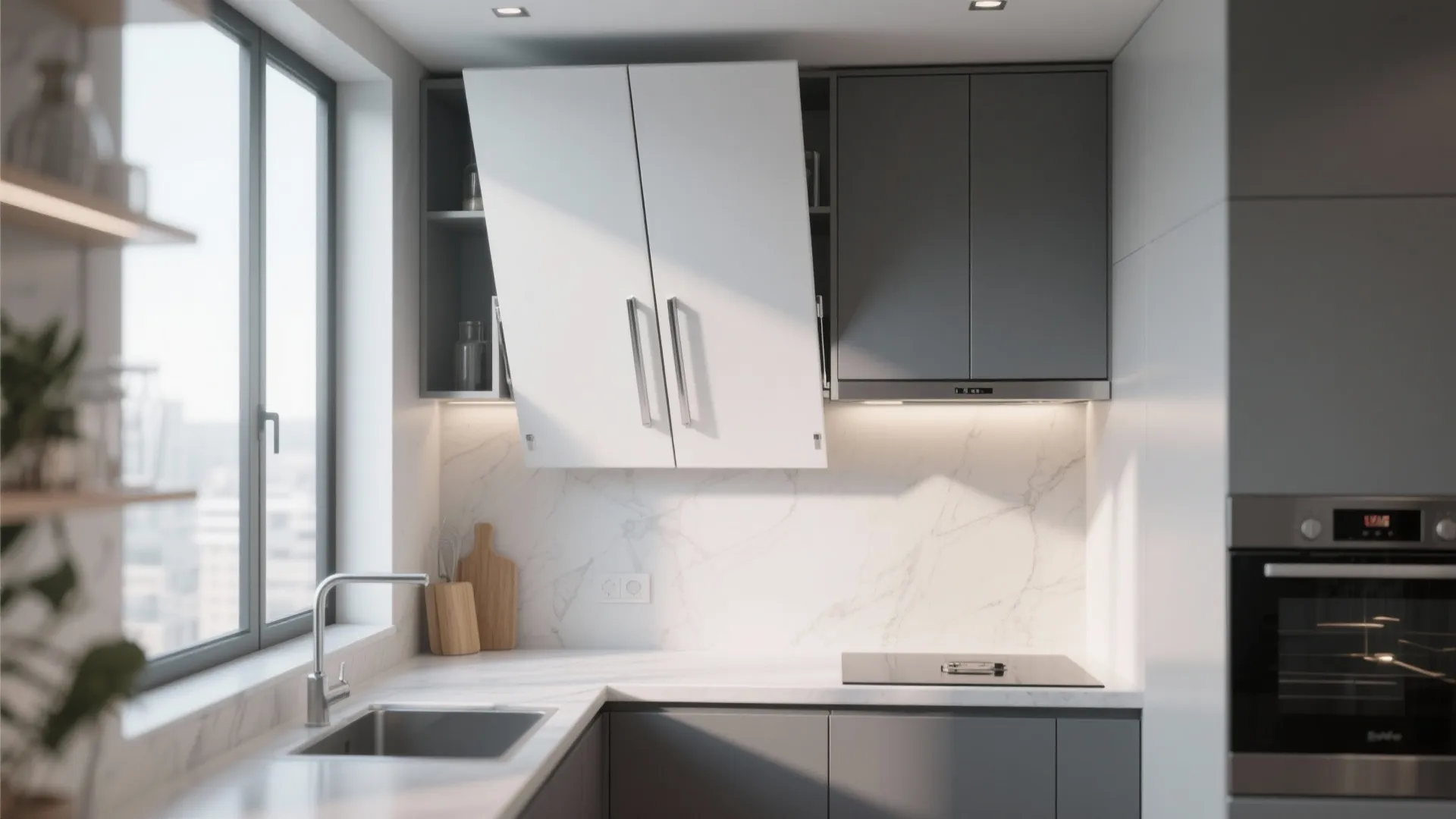 Modern kitchen featuring grey cabinets with a white vertical lift door above a marble backsplash