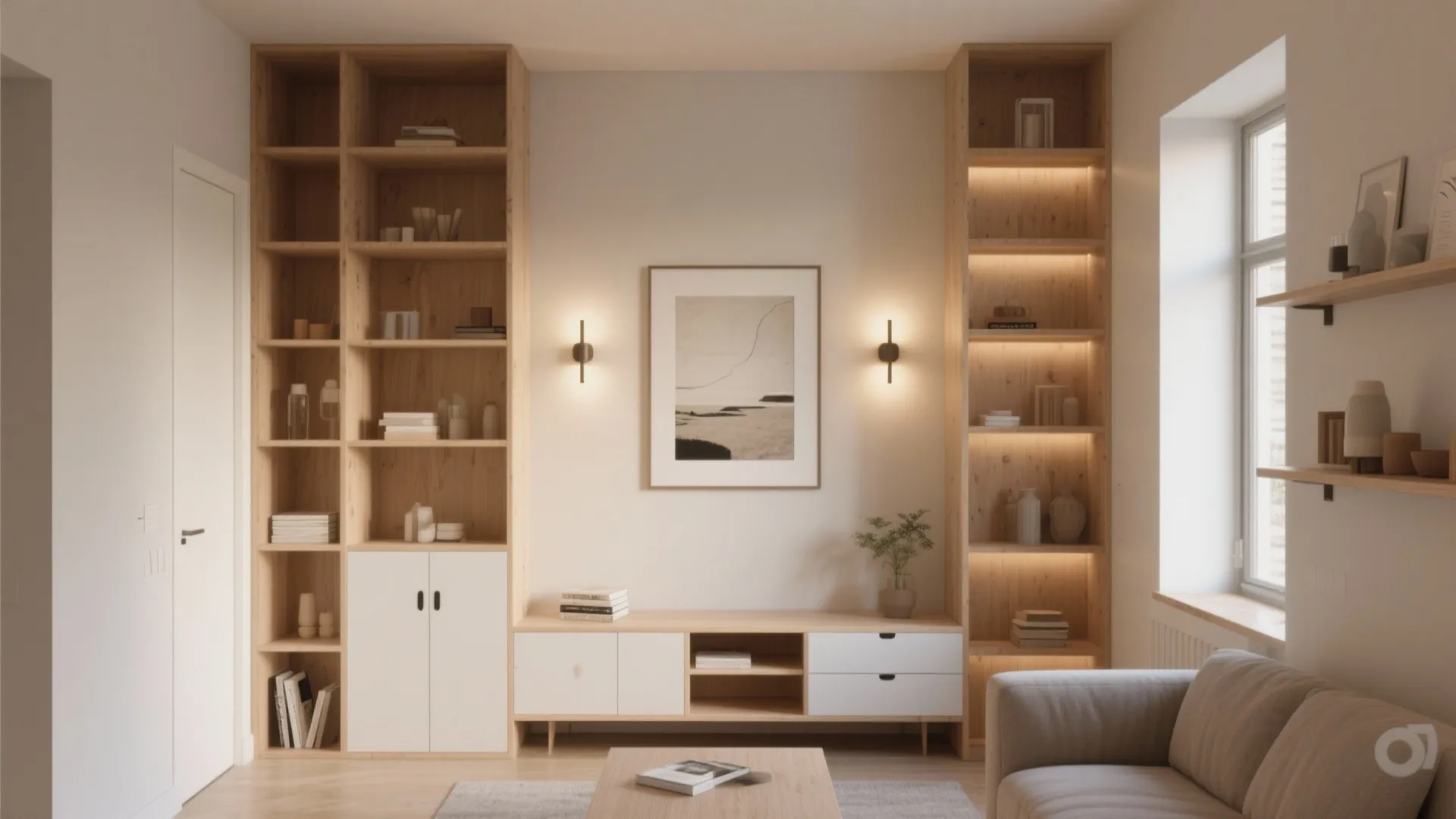 Modern living room featuring large wooden bookshelves with warm light strips and two wall lights