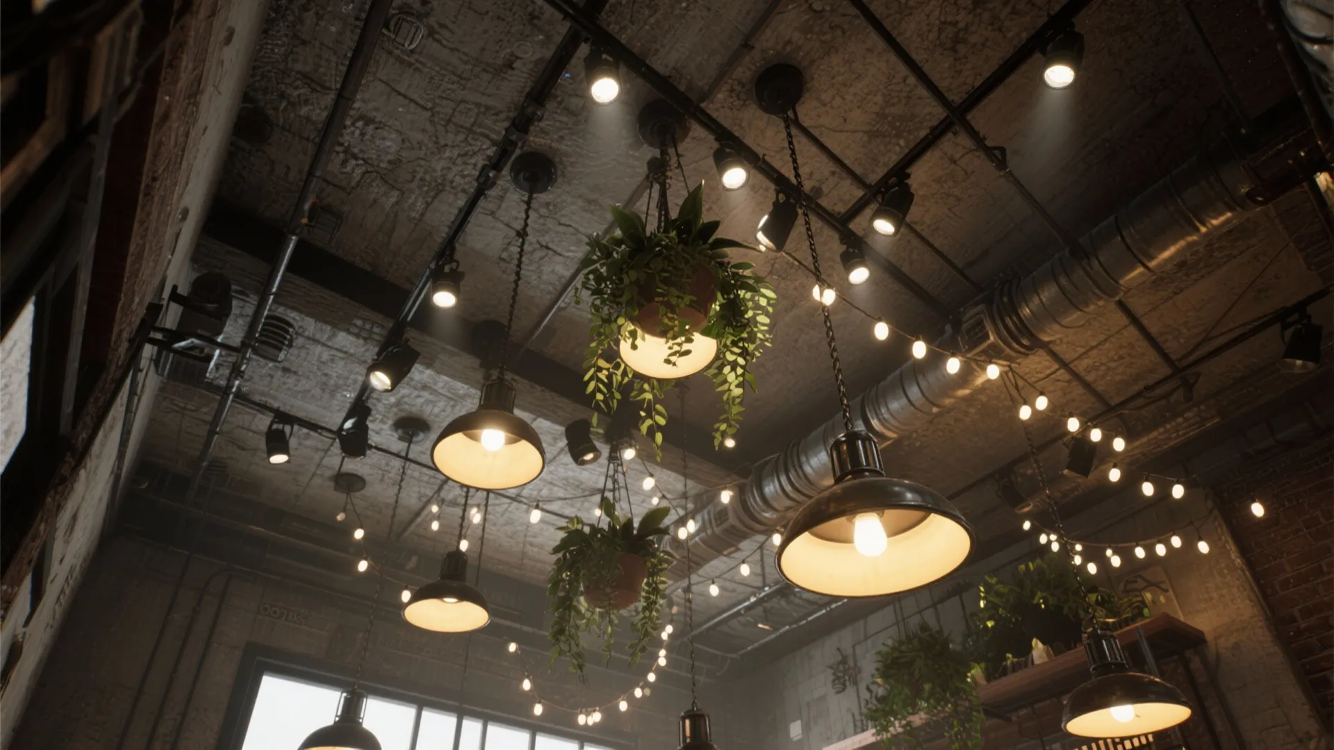 Industrial ceiling with hanging black light fixtures green plants string lights and exposed metal air pipes