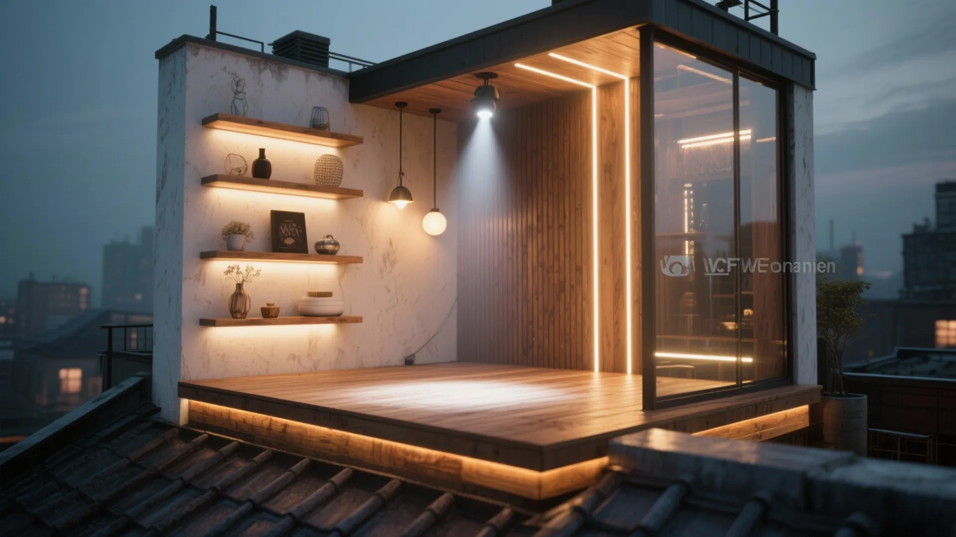 Modern rooftop patio at night featuring wooden deck floors wall shelves and warm light fixtures
