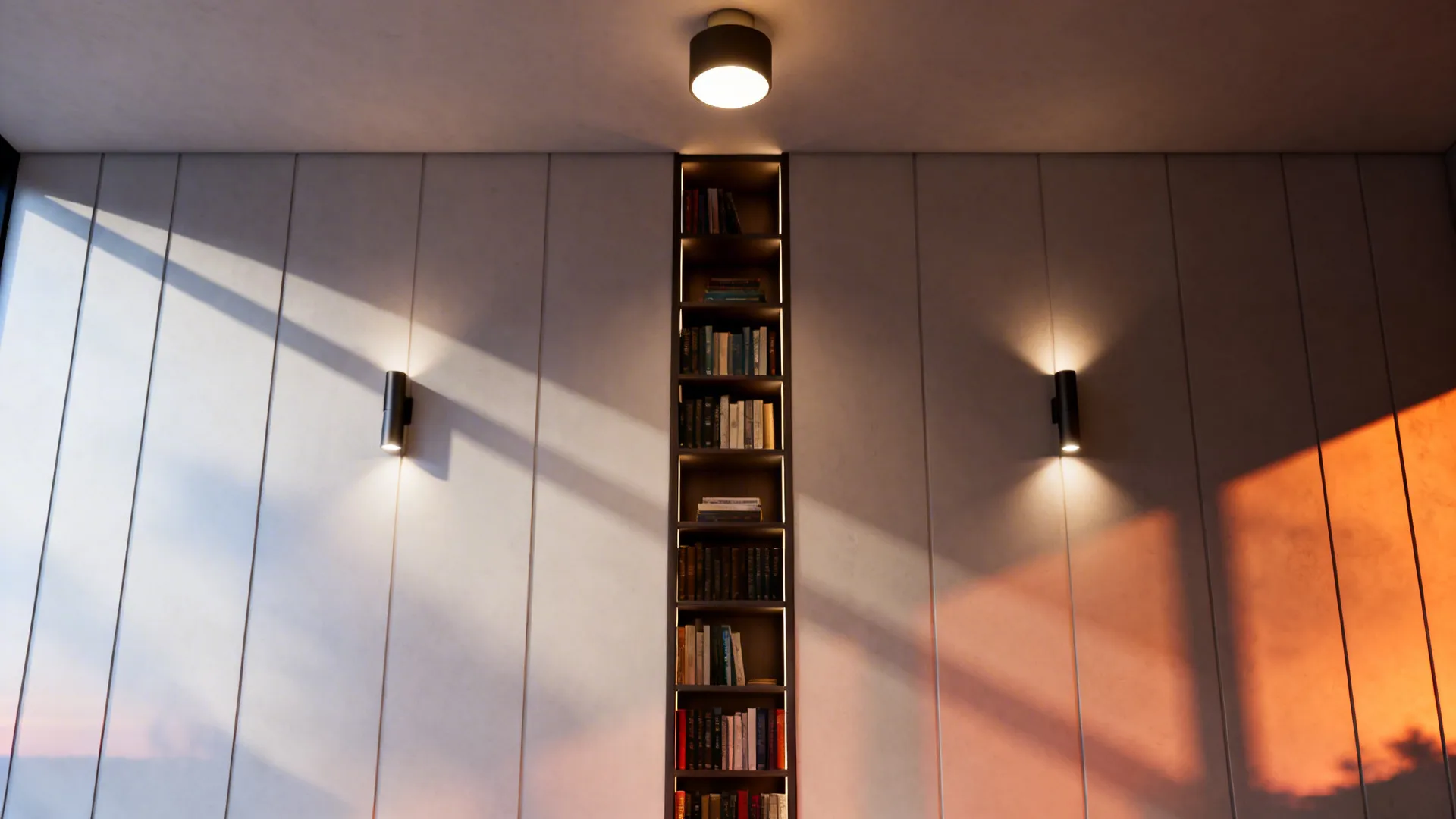 Tall narrow furniture with layered ambient and accent lighting drawing the eye upward