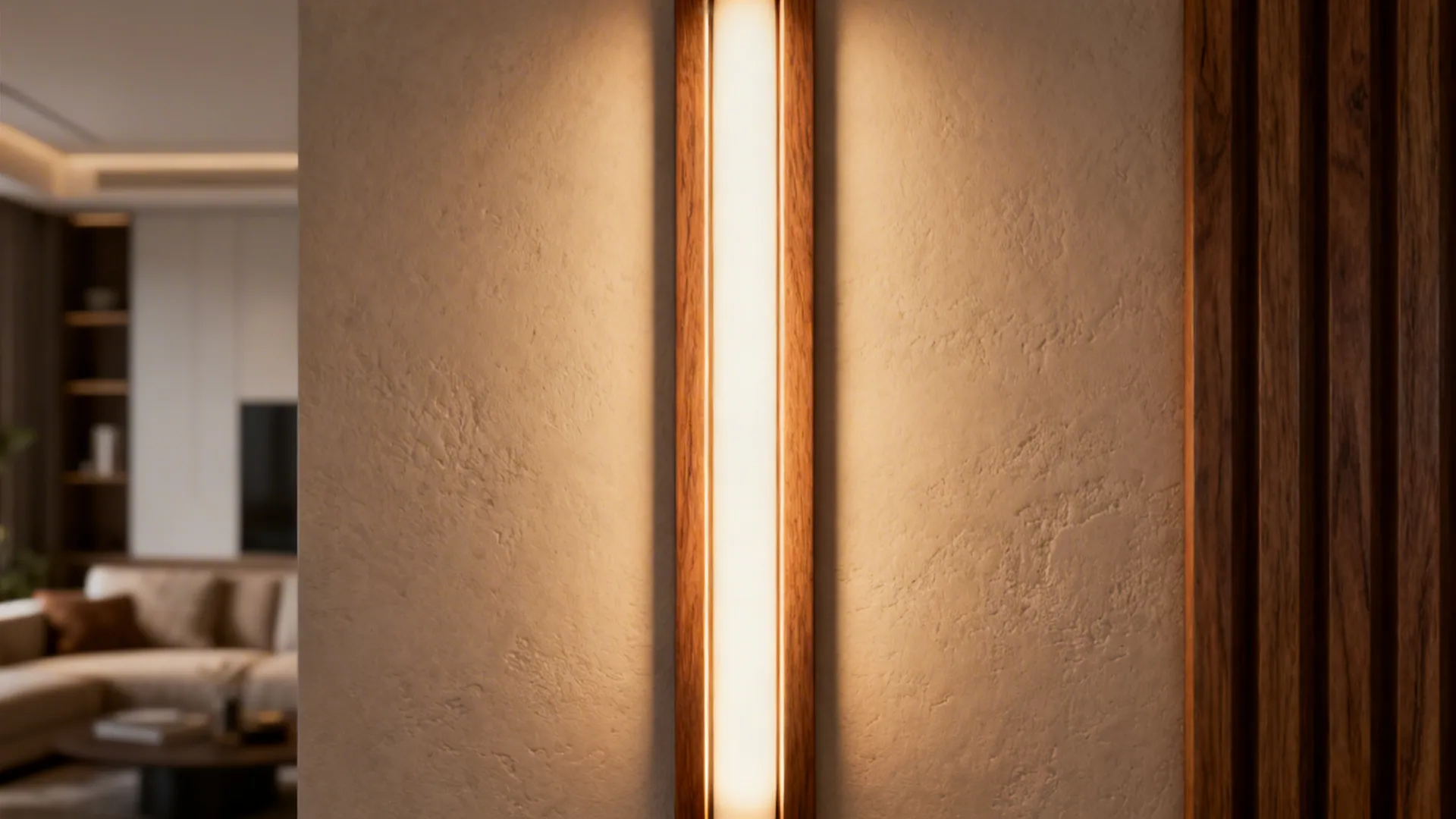 Slim recessed vertical LED behind a wood channel creating a soft upward glow on the wall.