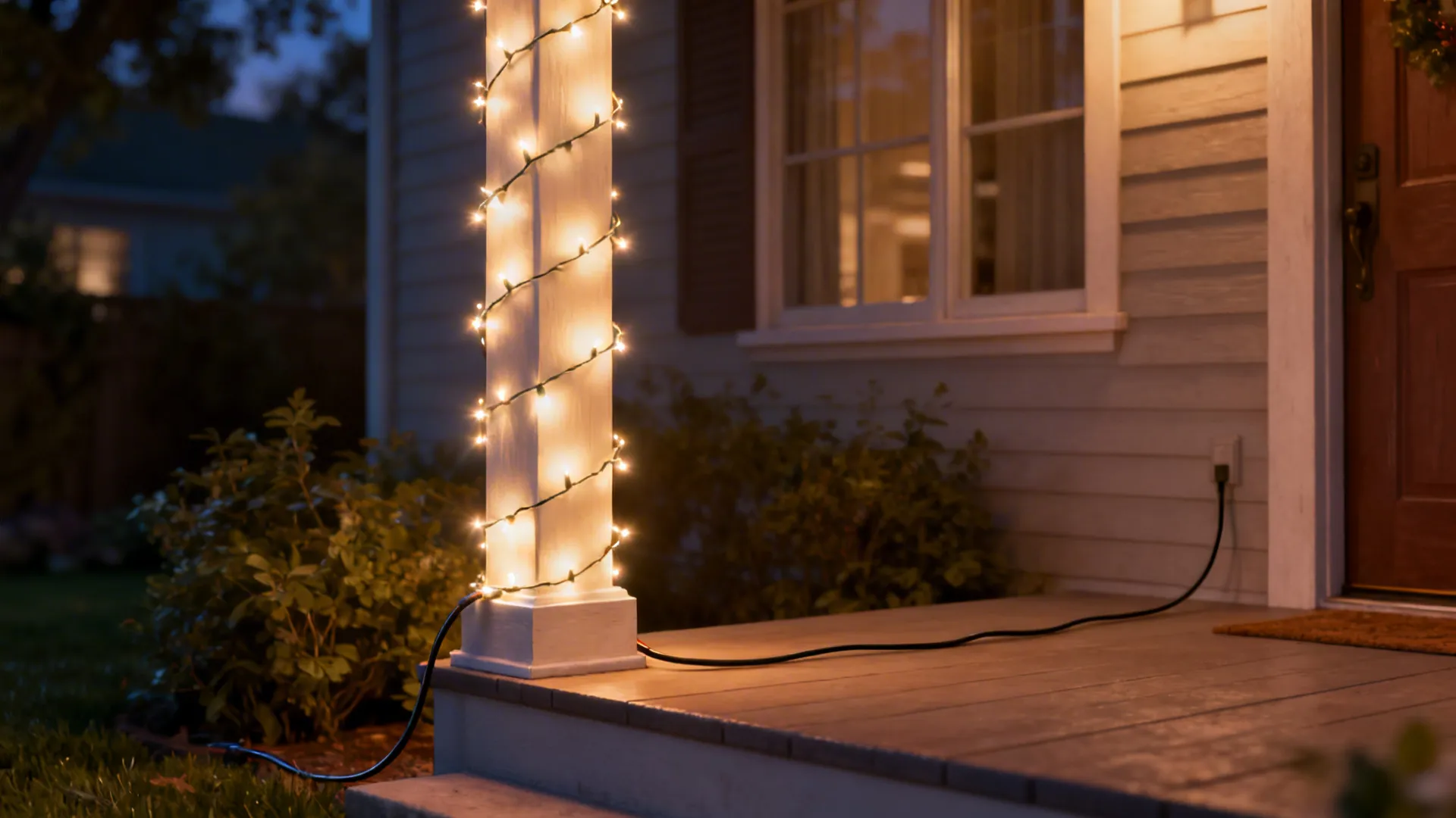 Small porch with warm-white LED string lights wrapped vertically around a slim post to save floor space.