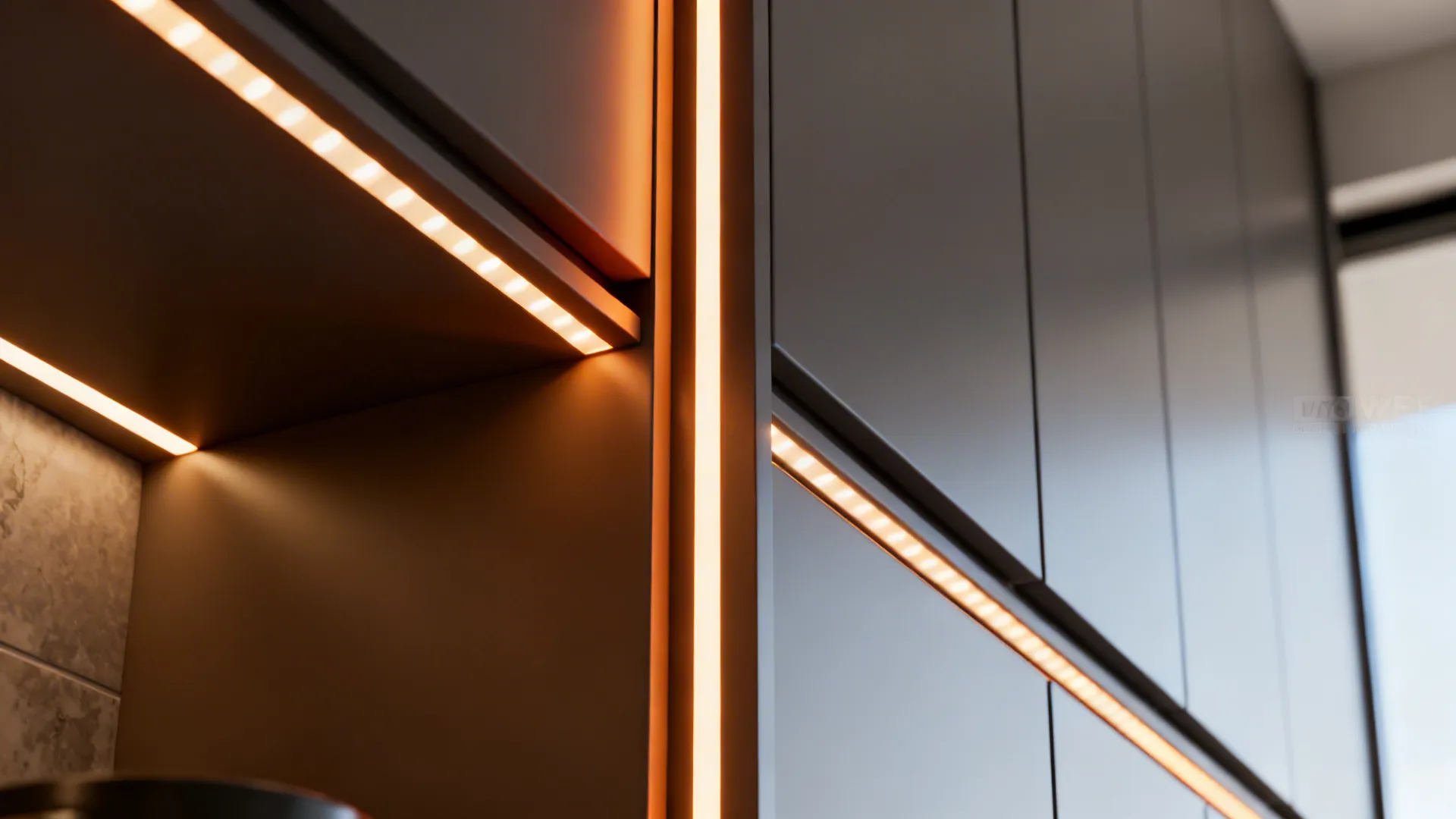 Vertical LED strip lighting and under-shelf lights accenting cabinets in a small kitchen.