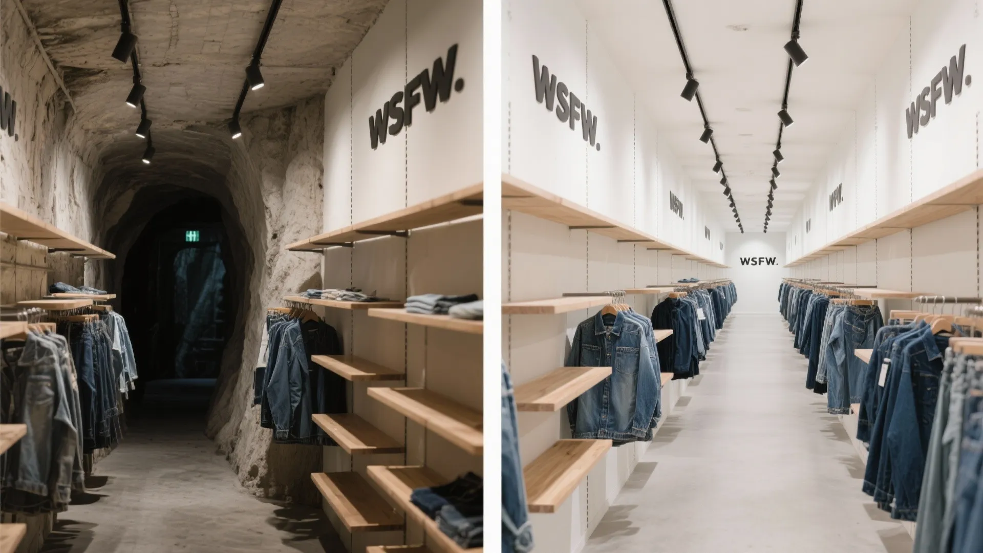 Comparison of a dark cave shop and a bright clothing store with wooden wall shelves