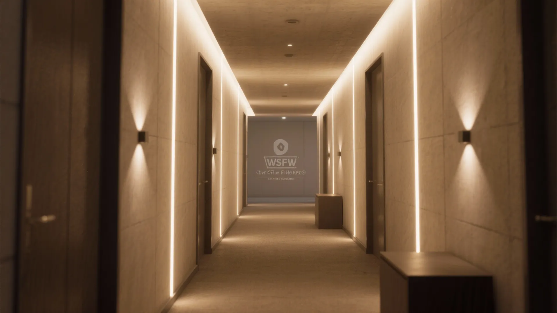 Low corridor with wall washers and uplights creating an illusion of taller ceilings