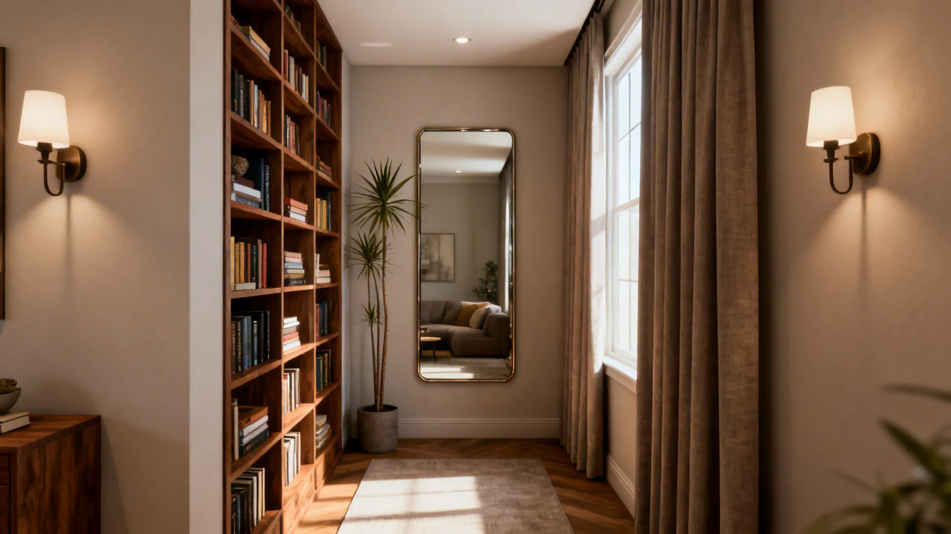 Tall bookshelf, floor-to-ceiling curtains and layered lighting creating vertical focus in a narrow living room.