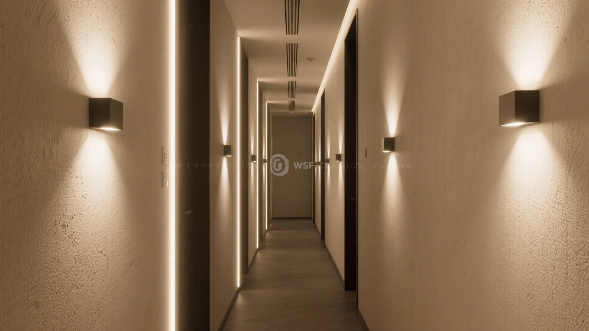 Modern hallway with warm wall lights on textured walls and hidden strip lighting on ceiling
