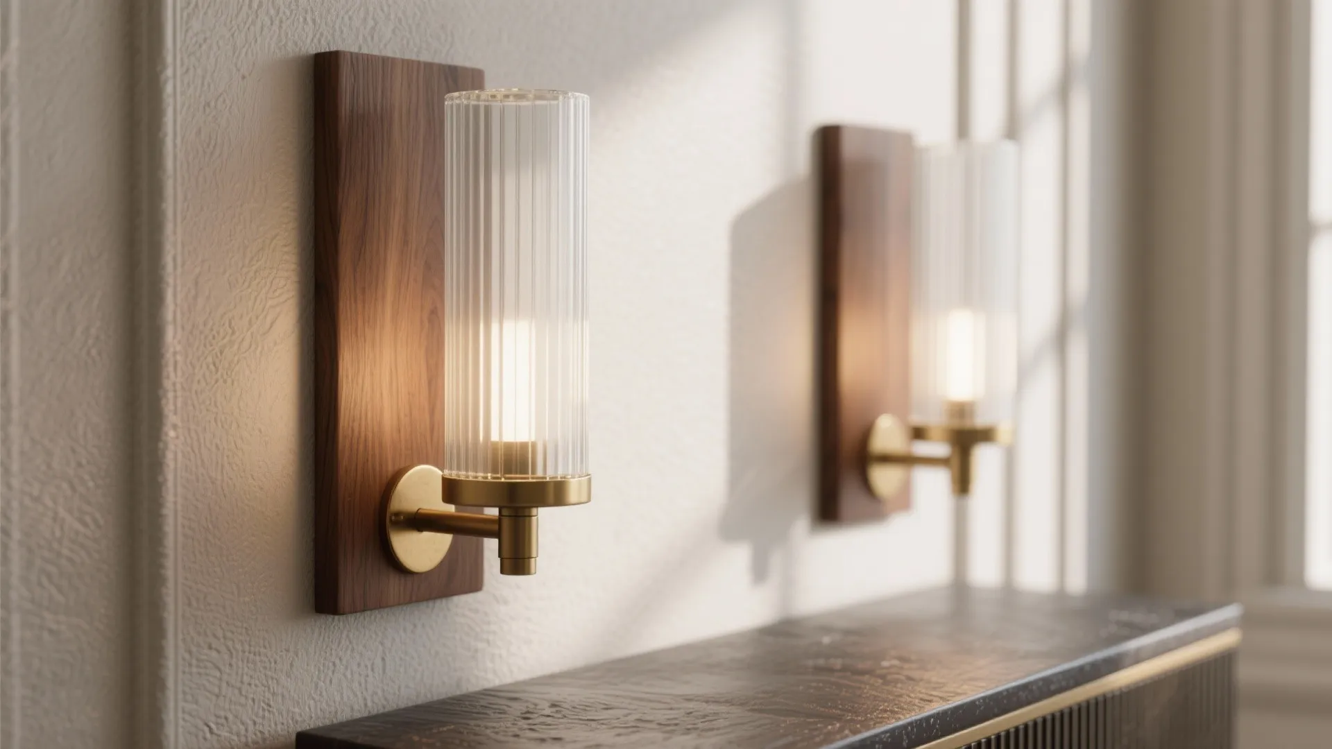Macro of vertical sconces at cheek level and textured console finish.