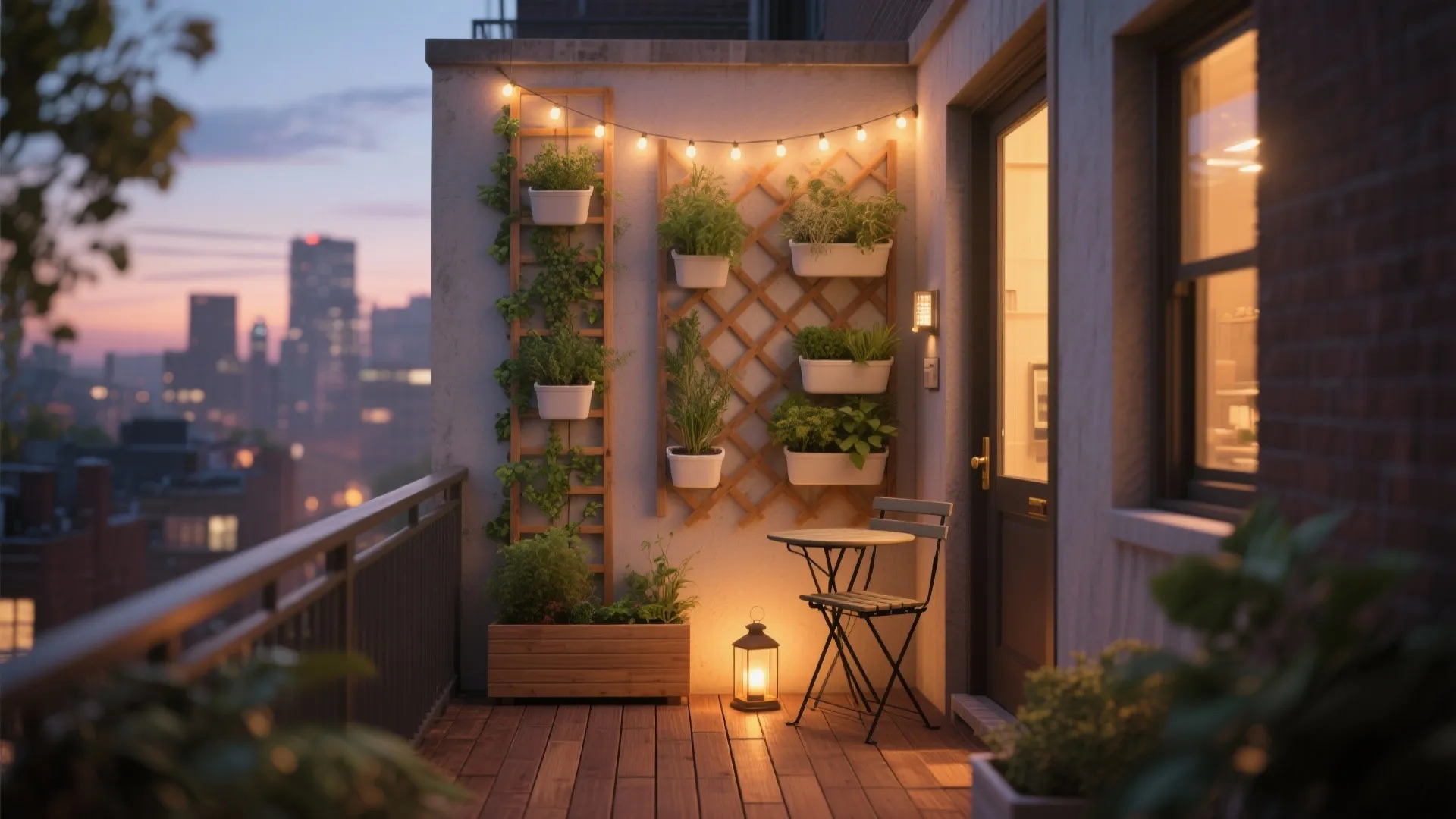 Cozy balcony at night with string lights wall plants wooden deck and small dining set