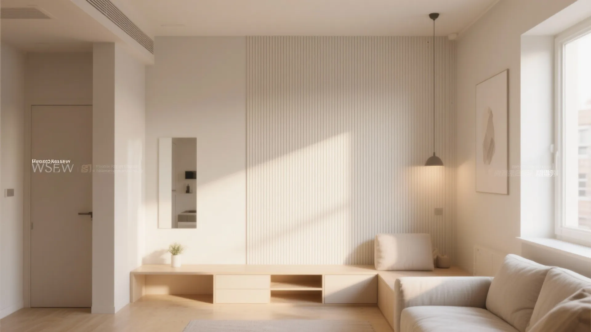 Minimalist living room with vertical white wall panels low wooden cabinet sofa and hanging light fixture