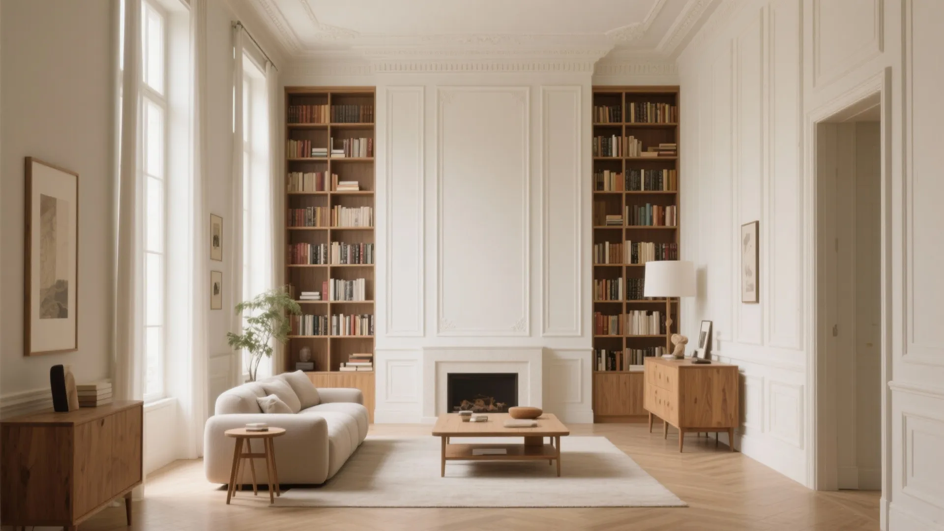 Elegant white living room with wall panel details plus two tall bookcases and a cozy fireplace