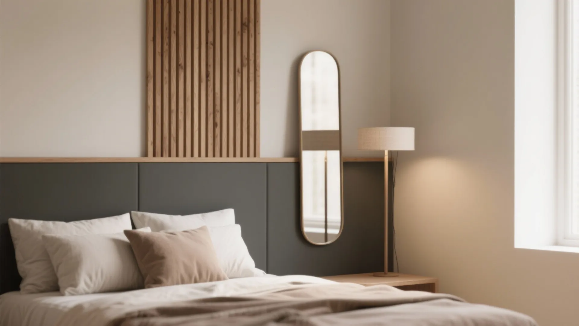 Modern bedroom with dark wall panel wood slats floor lamp oval mirror and soft bedding