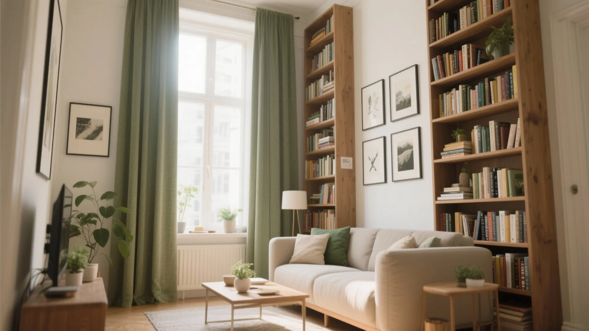 Cozy living room with tall wooden bookshelves, green curtains, grey sofa, and a coffee table