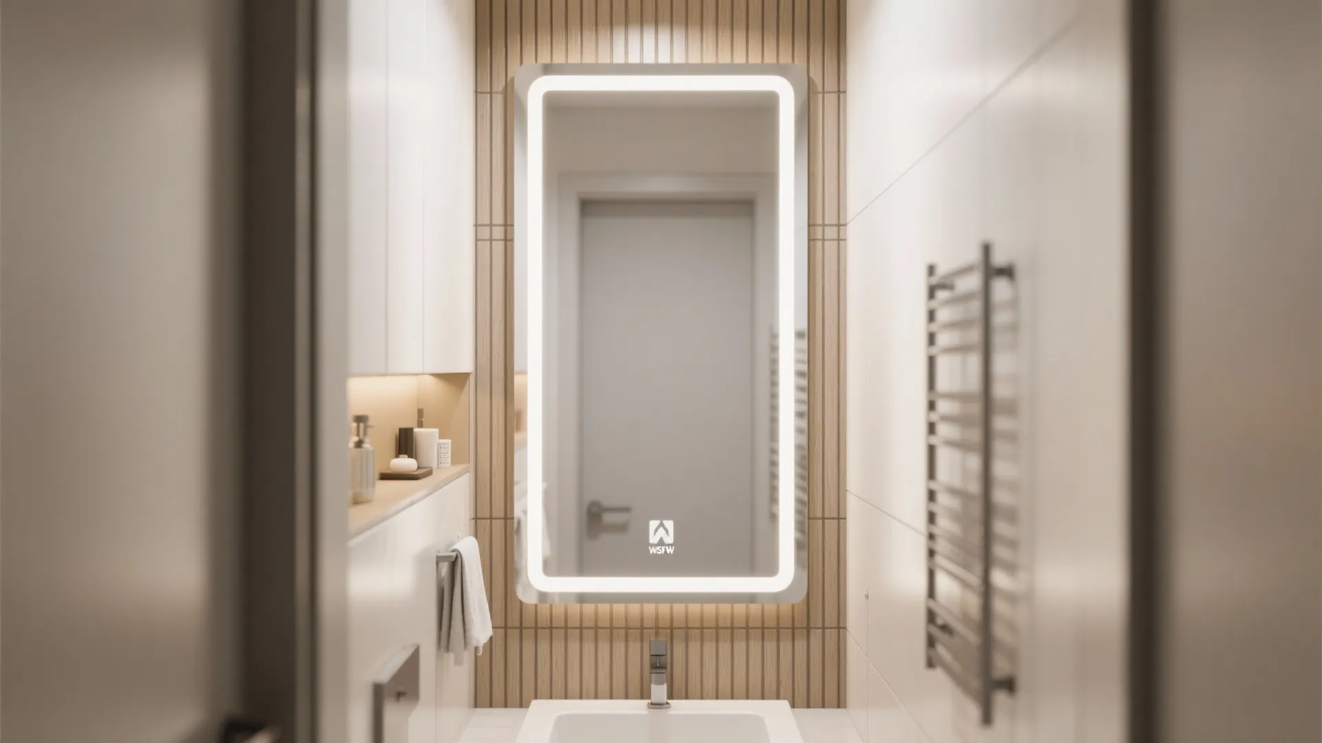 Small bathroom with vertical listello strips framing mirror