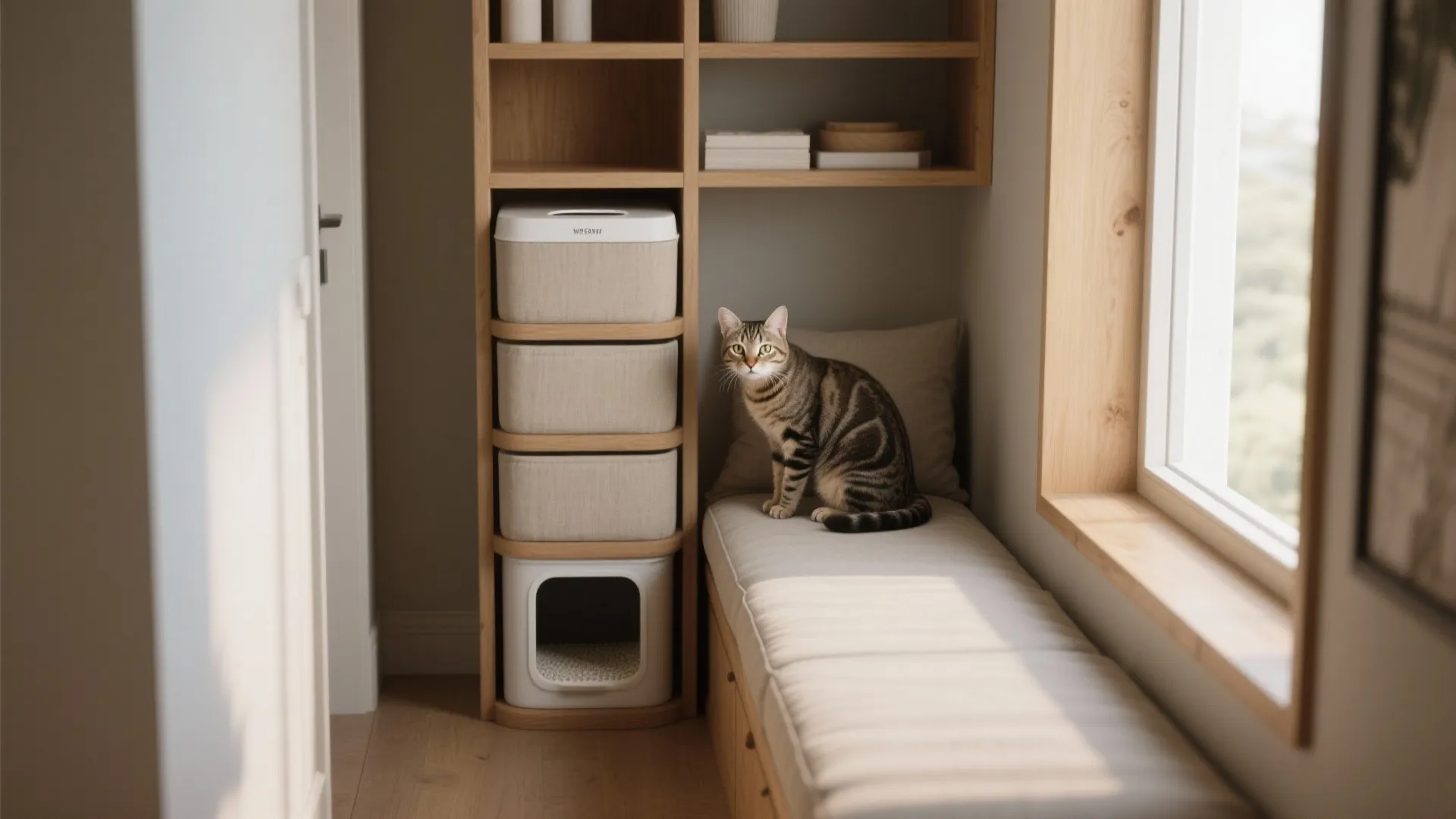 Tabby cat sitting on a window bench next to a wooden shelving unit with baskets