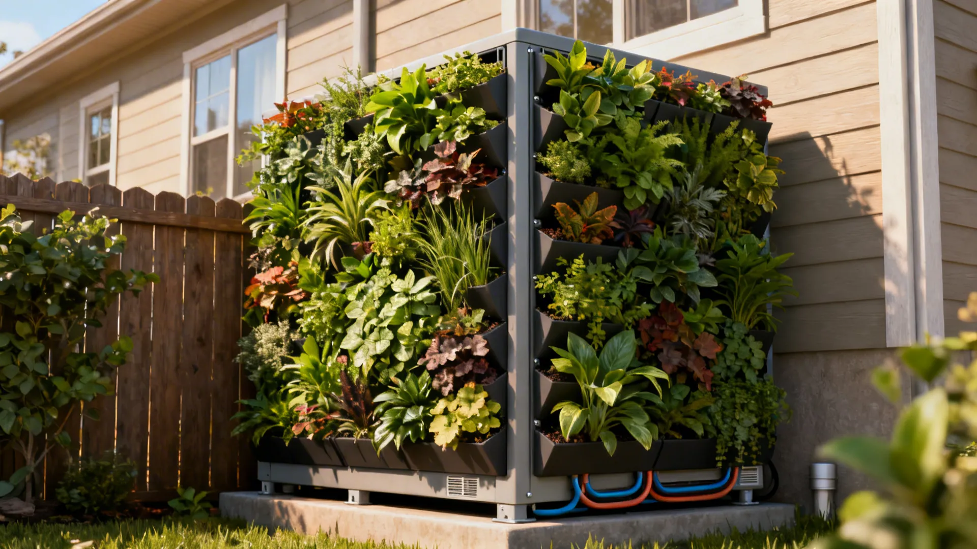 Modular living wall on a fence creating a lush backdrop and masking an HVAC unit in a small front yard.