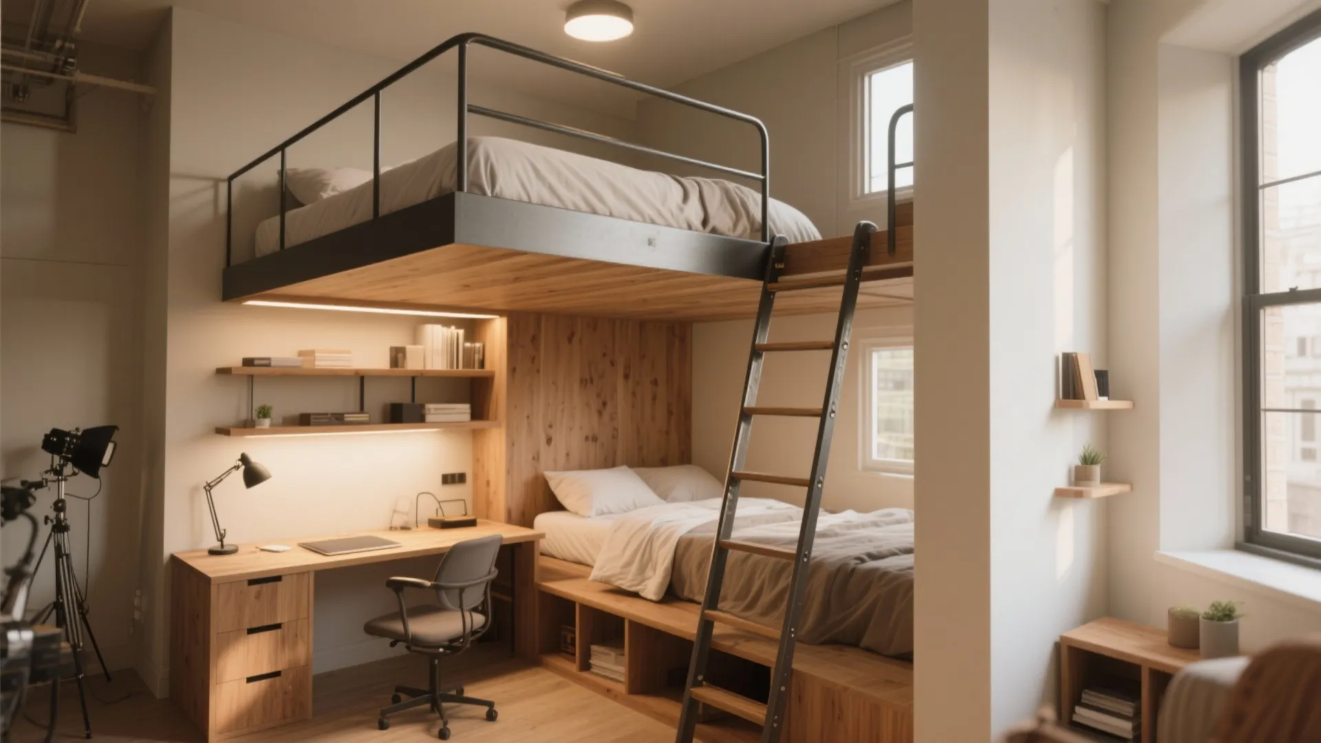 Modern wooden loft bed with a black ladder integrated desk workspace and bright natural window light