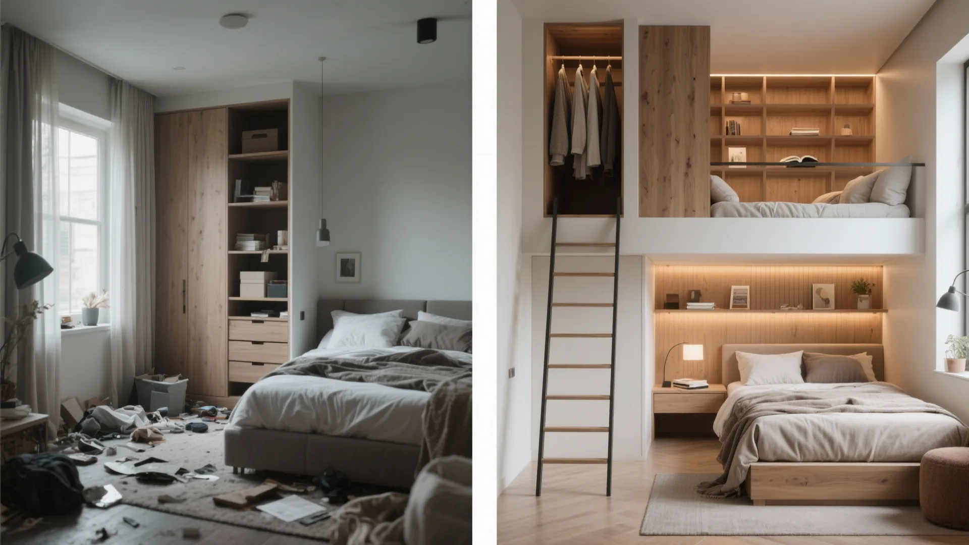 Before-and-after of a small ADU bedroom transformed with vertical loft and storage