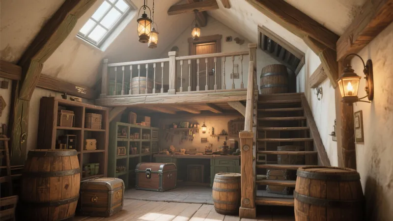 Rustic Attic Workshop with Wooden Beams & Barrels