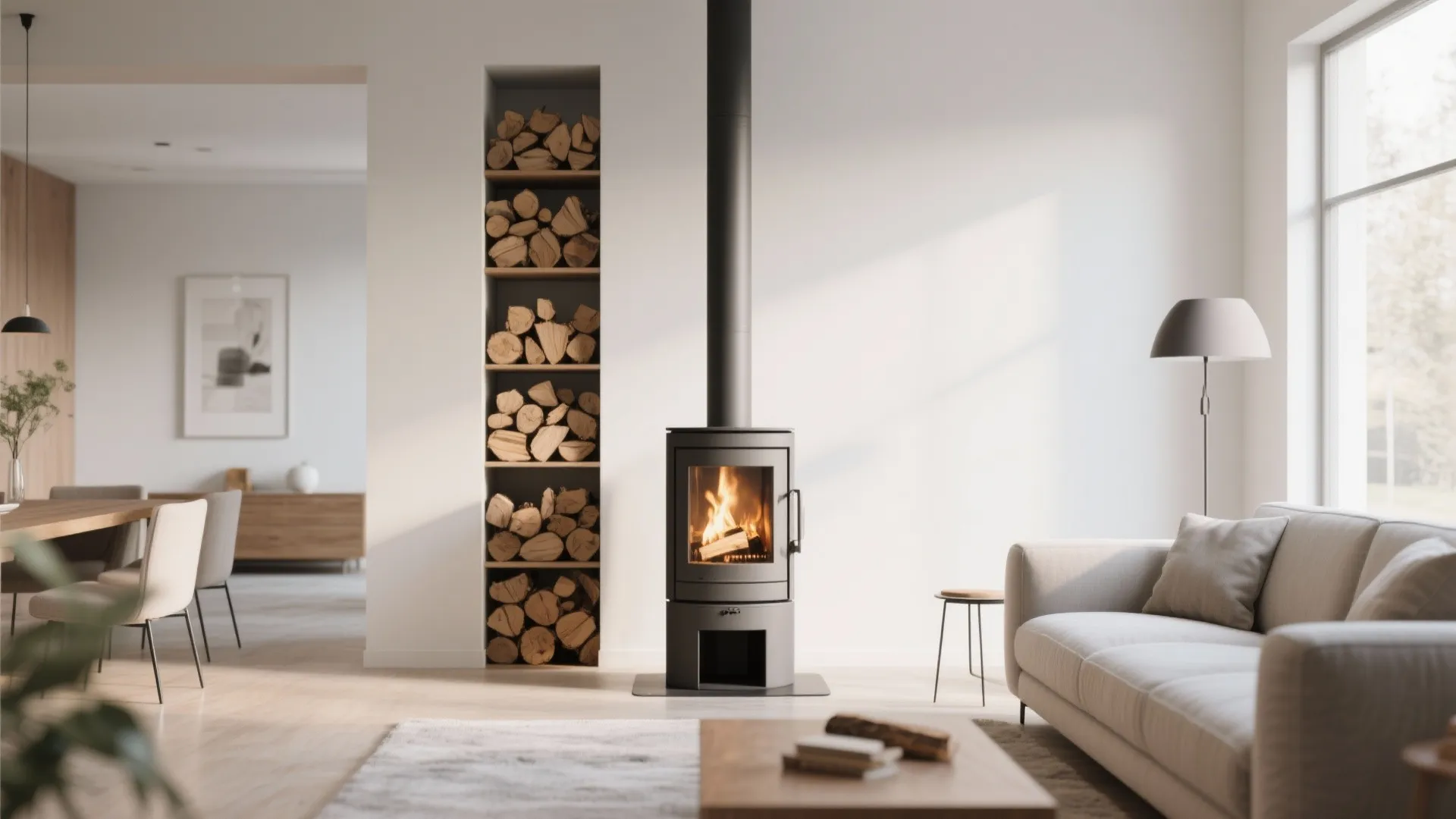 Modern living room with black wood burning stove next to vertical wall niche for wood