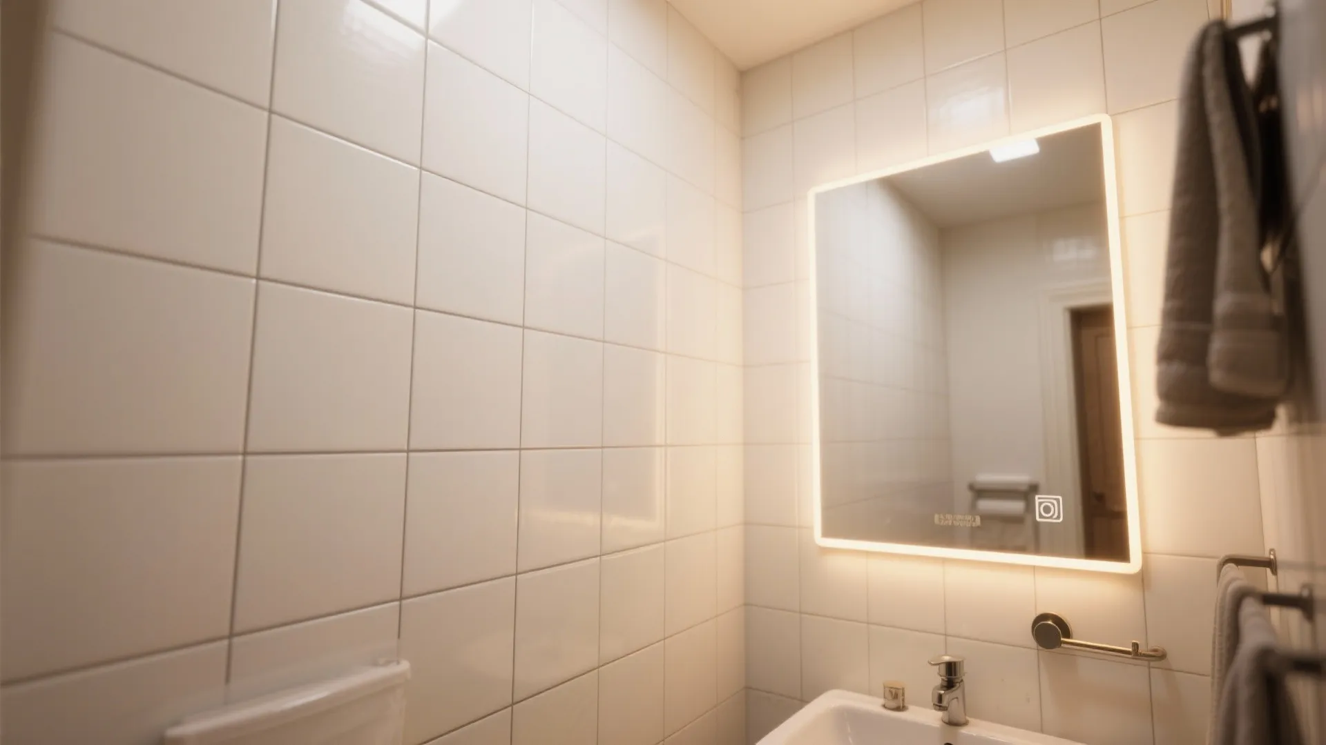 Minimalist bathroom featuring white square wall tiles, illuminated mirror, washbasin, and grey hanging hand towels