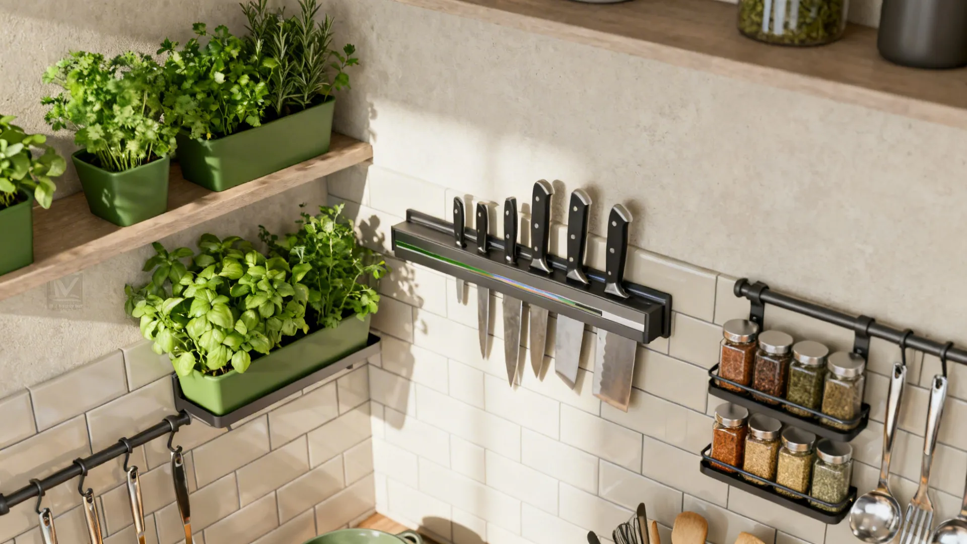 Vertical kitchen wall zone with magnetic knife strip, spice jars, and hanging rails.