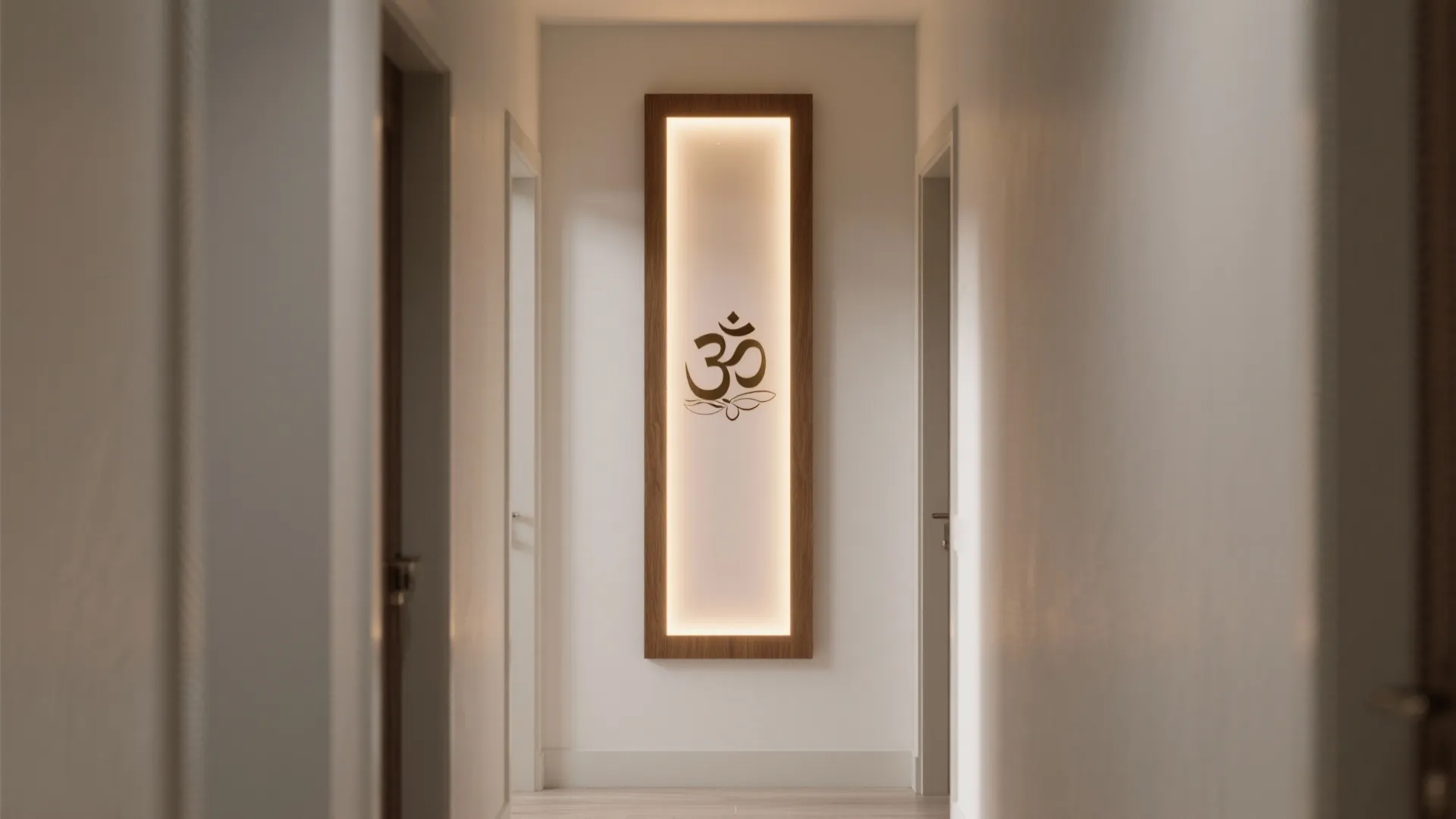Slim vertical mandir panel with subtle backlit motif and frosted acrylic in a minimalist corridor.