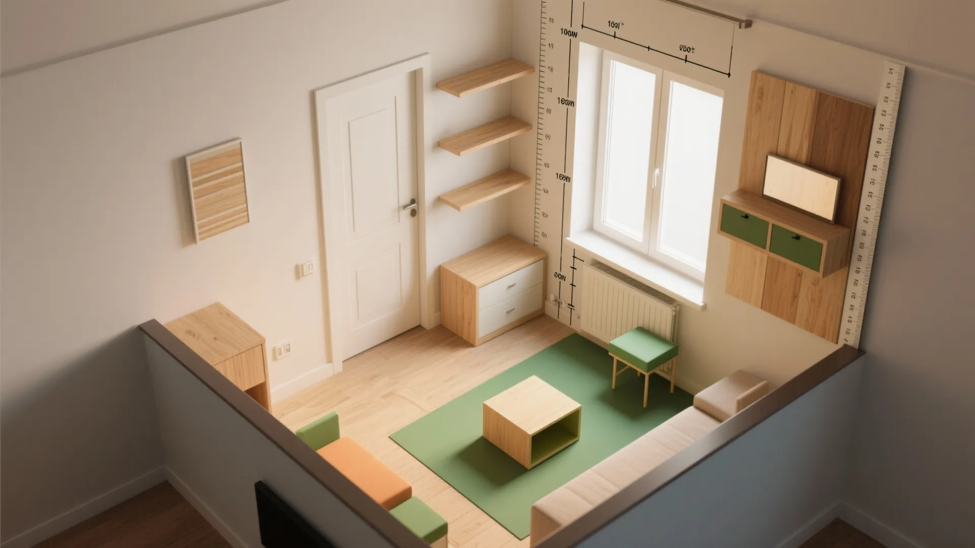 Top-down floorplan mockup showing vertical perch opportunities, corner towers, above-door shelves, and measured jump distances.