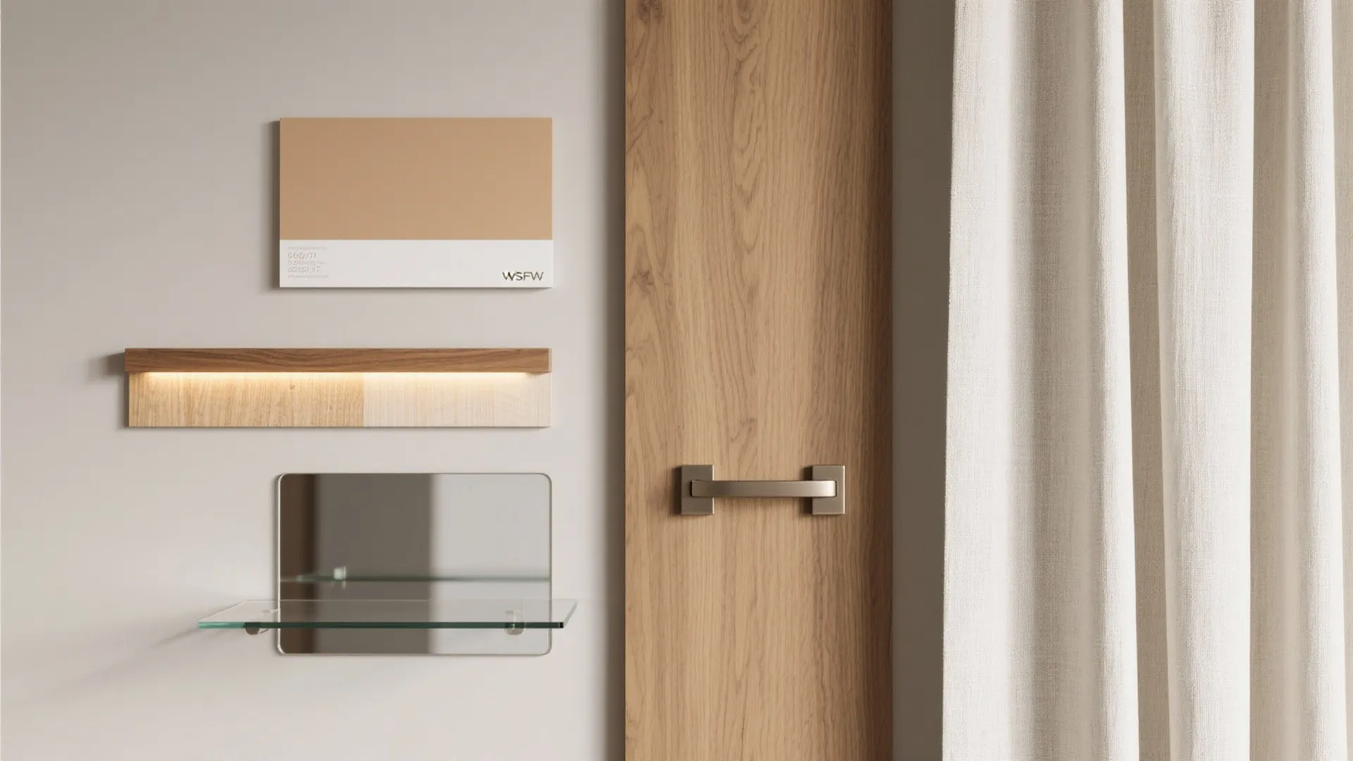 Interior design mood board showing wood panel fabric curtain glass shelf mirror and warm light strip